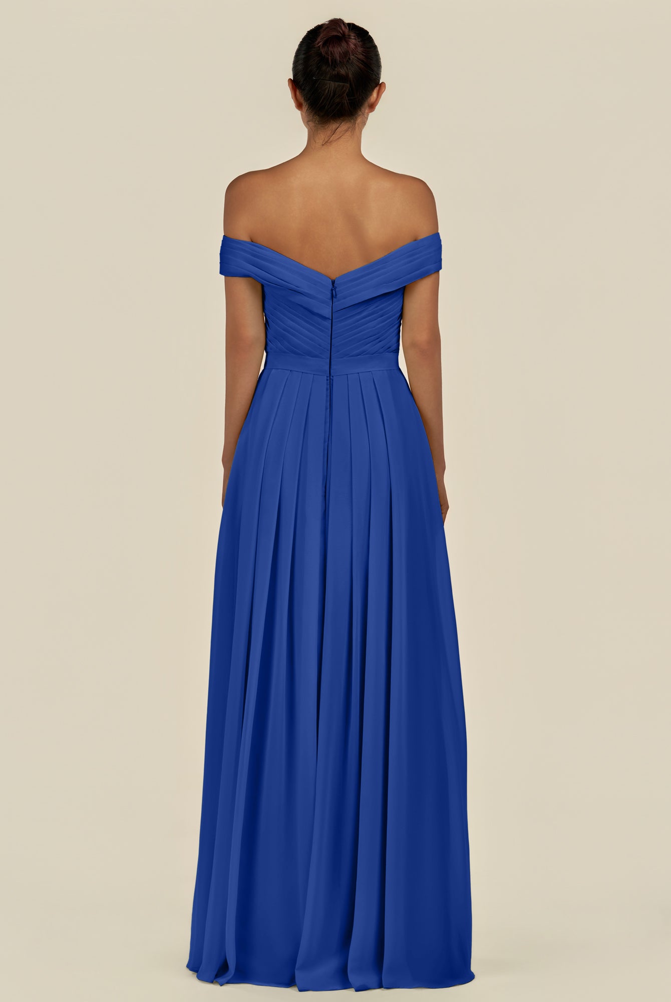 KissDress-Lurina Royal Blue A Line Chiffon Off the Shoulder Pleated Long Bridesmaid Dress with Slit