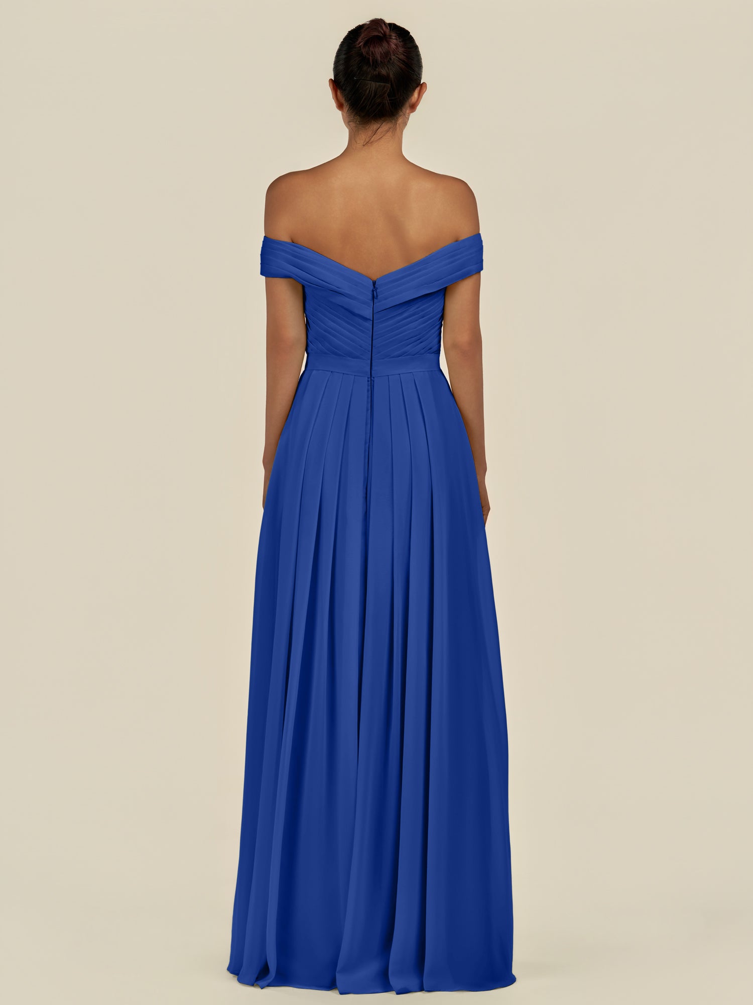 KissDress-Lurina Royal Blue A Line Chiffon Off the Shoulder Pleated Long Bridesmaid Dress with Slit