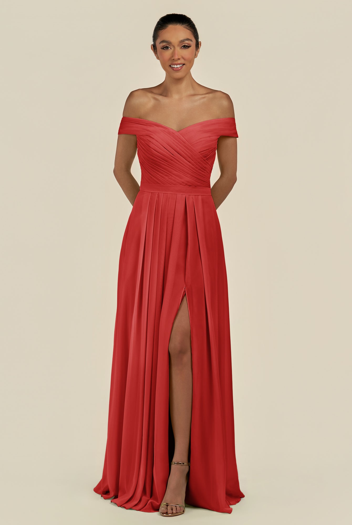 KissDress-Lurina Ruby Red A Line Chiffon Off the Shoulder Pleated Long Bridesmaid Dress with Slit