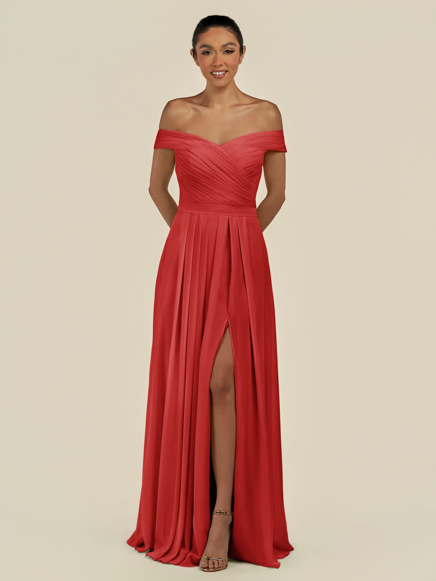 KissDress-Lurina Ruby Red A Line Chiffon Off the Shoulder Pleated Long Bridesmaid Dress with Slit