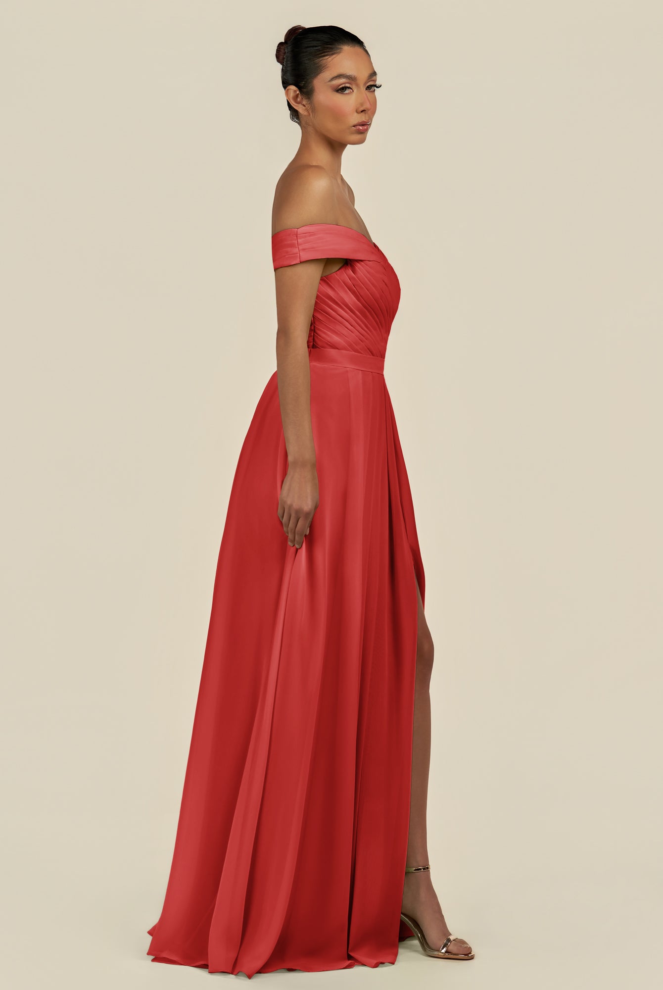 KissDress-Lurina Ruby Red A Line Chiffon Off the Shoulder Pleated Long Bridesmaid Dress with Slit