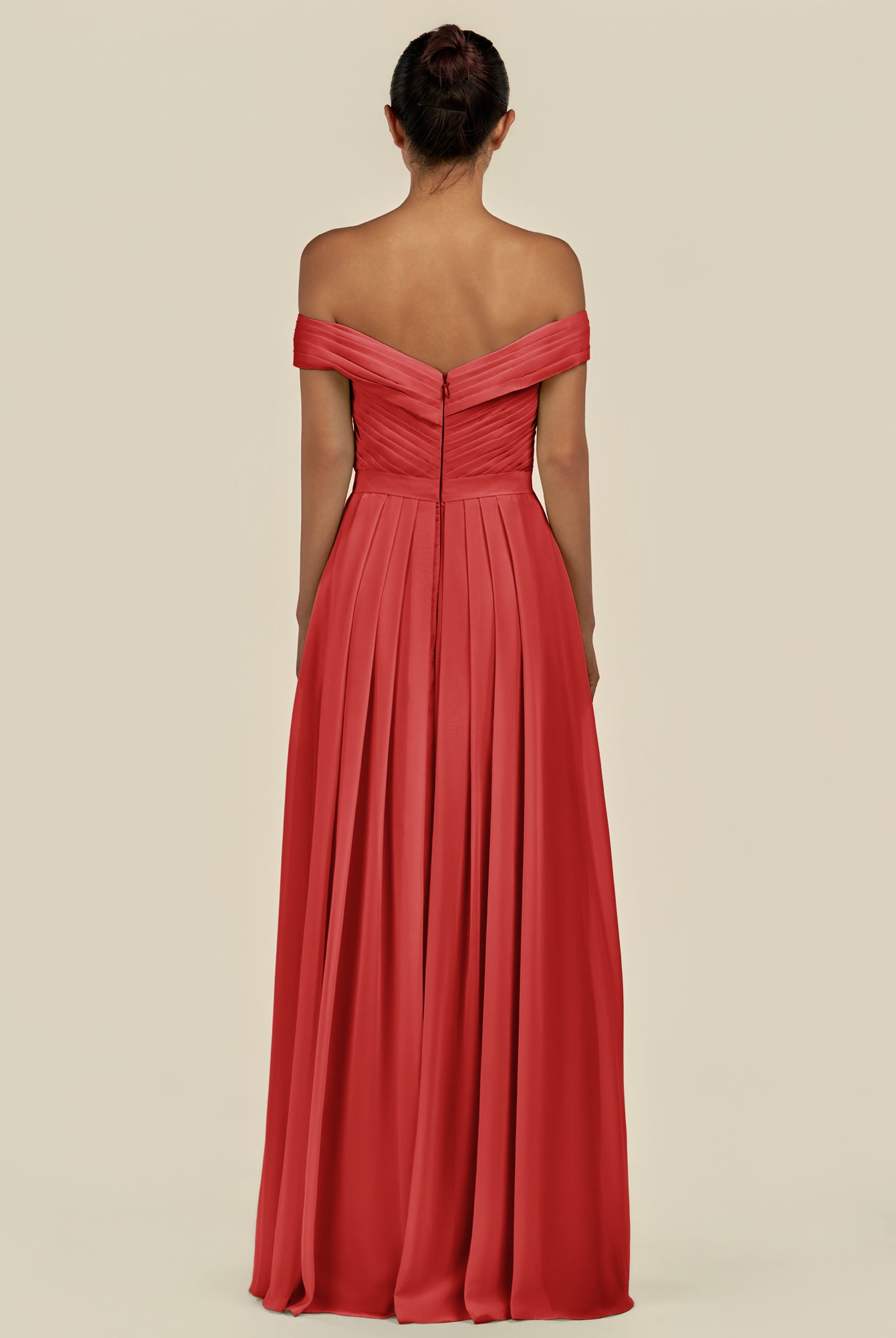 KissDress-Lurina Ruby Red A Line Chiffon Off the Shoulder Pleated Long Bridesmaid Dress with Slit