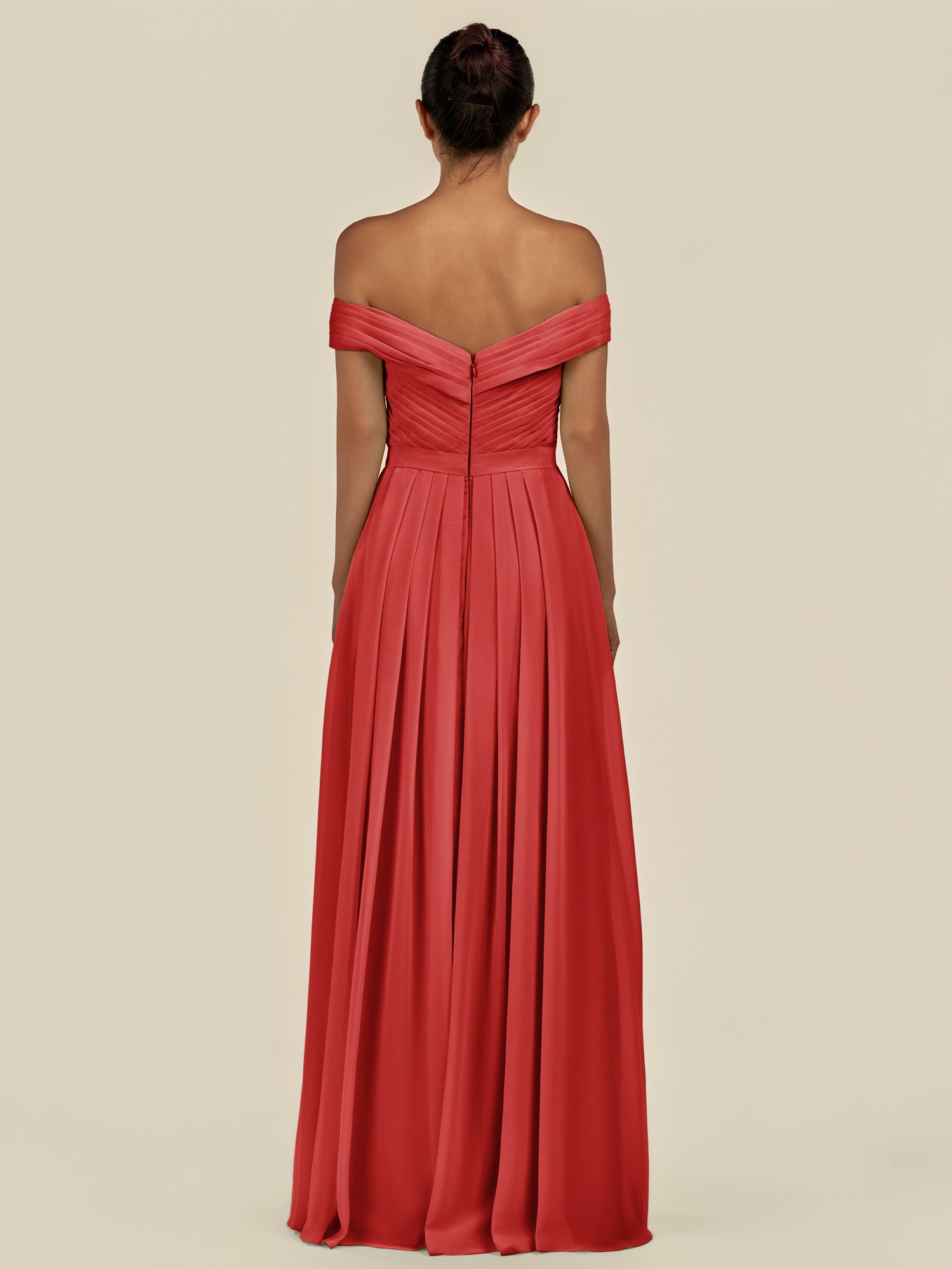KissDress-Lurina Ruby Red A Line Chiffon Off the Shoulder Pleated Long Bridesmaid Dress with Slit