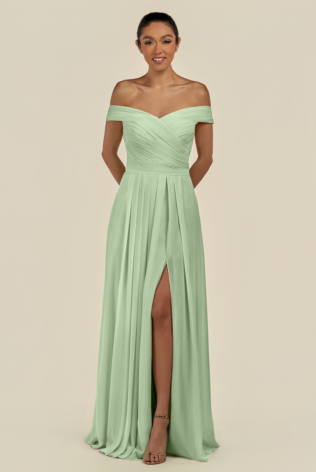 KissDress-Lurina Sage A Line Chiffon Off the Shoulder Pleated Long Bridesmaid Dress with Slit