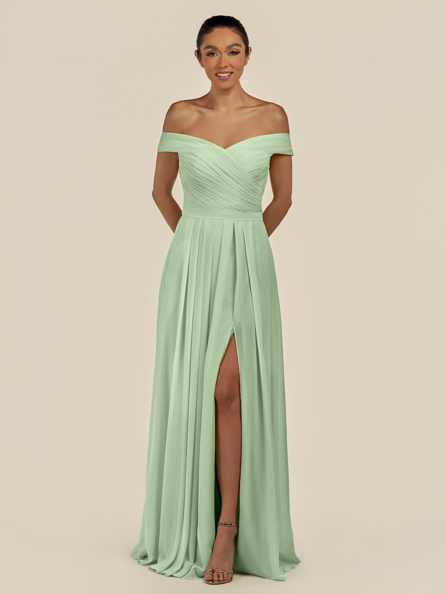 KissDress-Lurina Sage A Line Chiffon Off the Shoulder Pleated Long Bridesmaid Dress with Slit