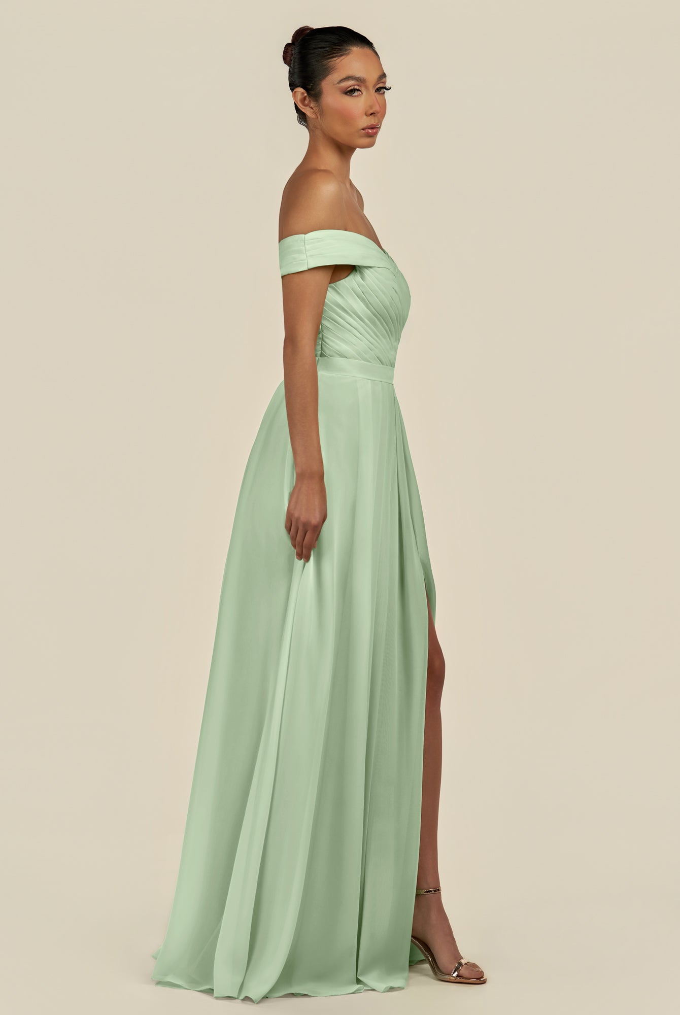 KissDress-Lurina Sage A Line Chiffon Off the Shoulder Pleated Long Bridesmaid Dress with Slit