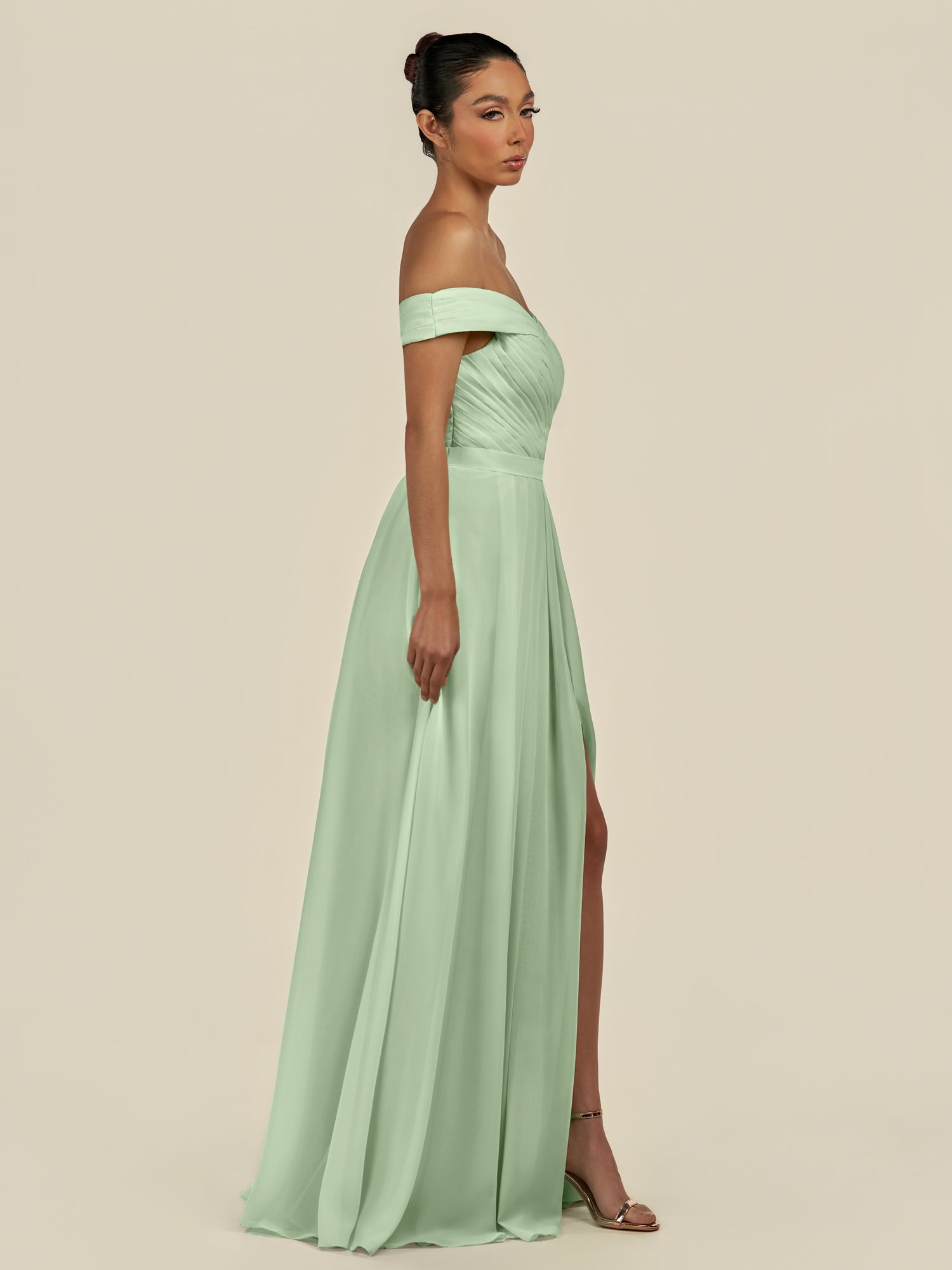KissDress-Lurina Sage A Line Chiffon Off the Shoulder Pleated Long Bridesmaid Dress with Slit