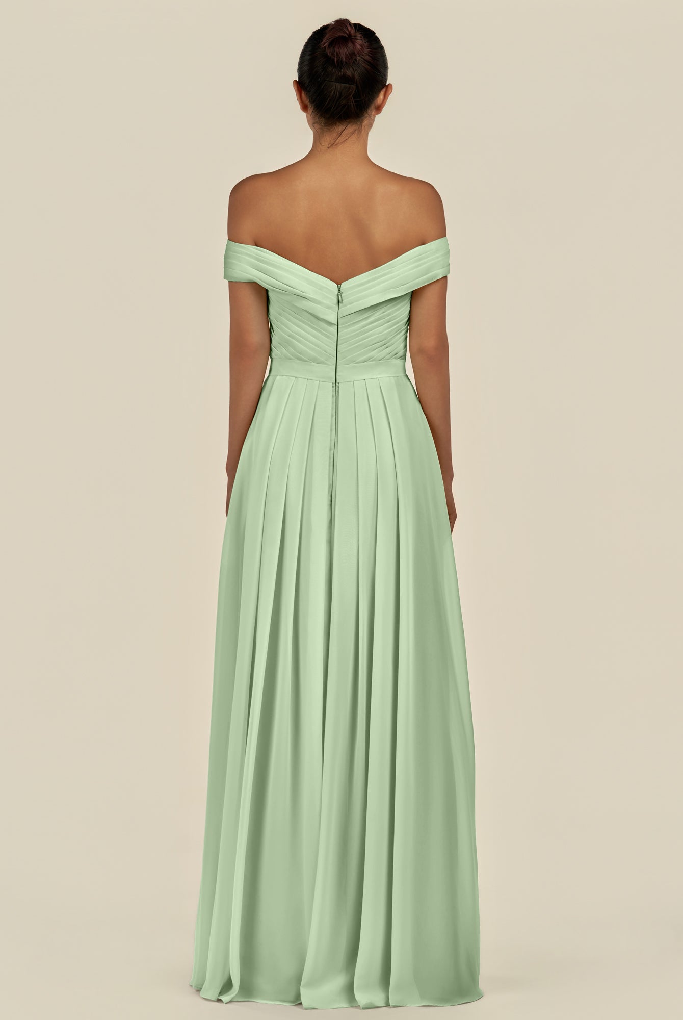 KissDress-Lurina Sage A Line Chiffon Off the Shoulder Pleated Long Bridesmaid Dress with Slit