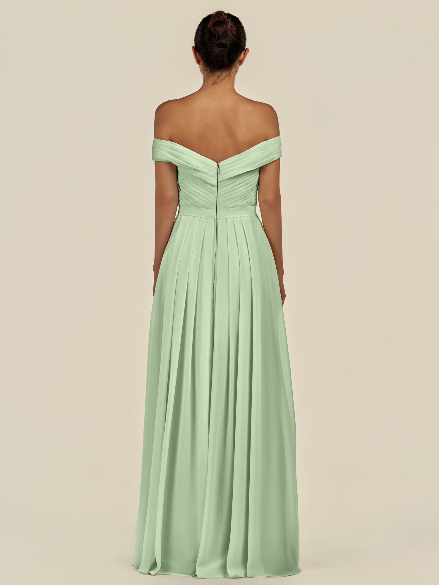 KissDress-Lurina Sage A Line Chiffon Off the Shoulder Pleated Long Bridesmaid Dress with Slit