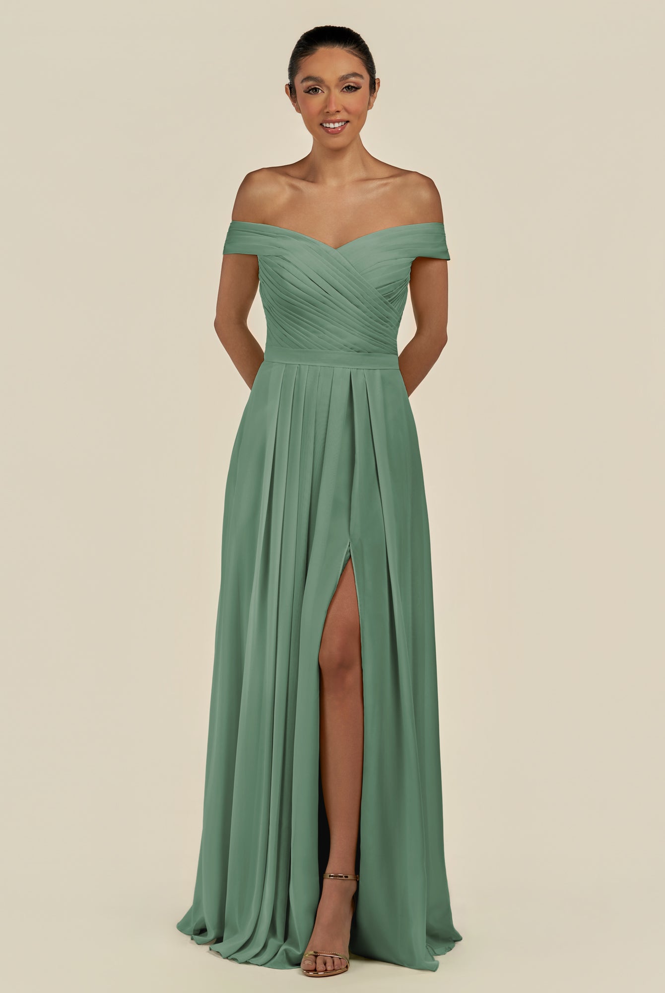 KissDress-Lurina Sea Glass A Line Chiffon Off the Shoulder Pleated Long Bridesmaid Dress with Slit