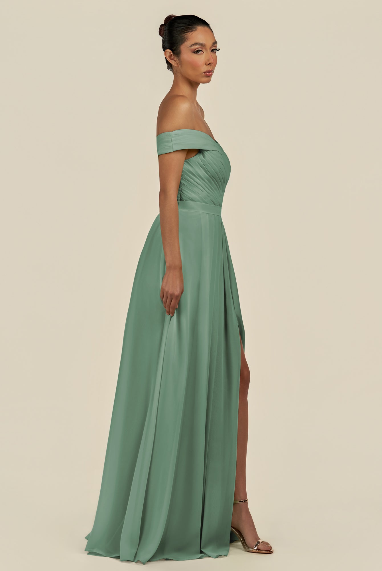KissDress-Lurina Sea Glass A Line Chiffon Off the Shoulder Pleated Long Bridesmaid Dress with Slit