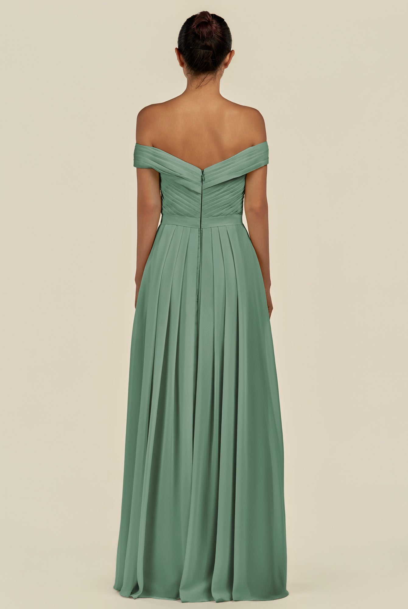 KissDress-Lurina Sea Glass A Line Chiffon Off the Shoulder Pleated Long Bridesmaid Dress with Slit