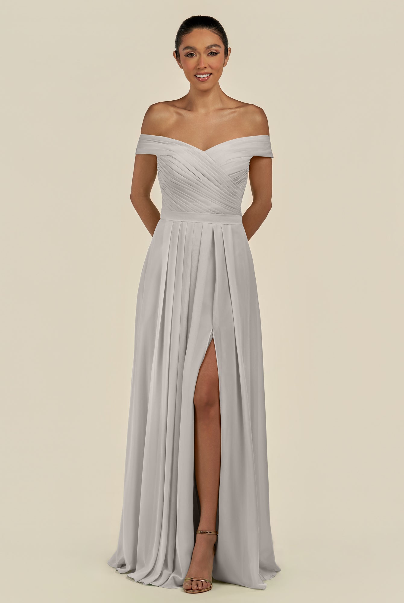 KissDress-Lurina Silver A Line Chiffon Off the Shoulder Pleated Long Bridesmaid Dress with Slit