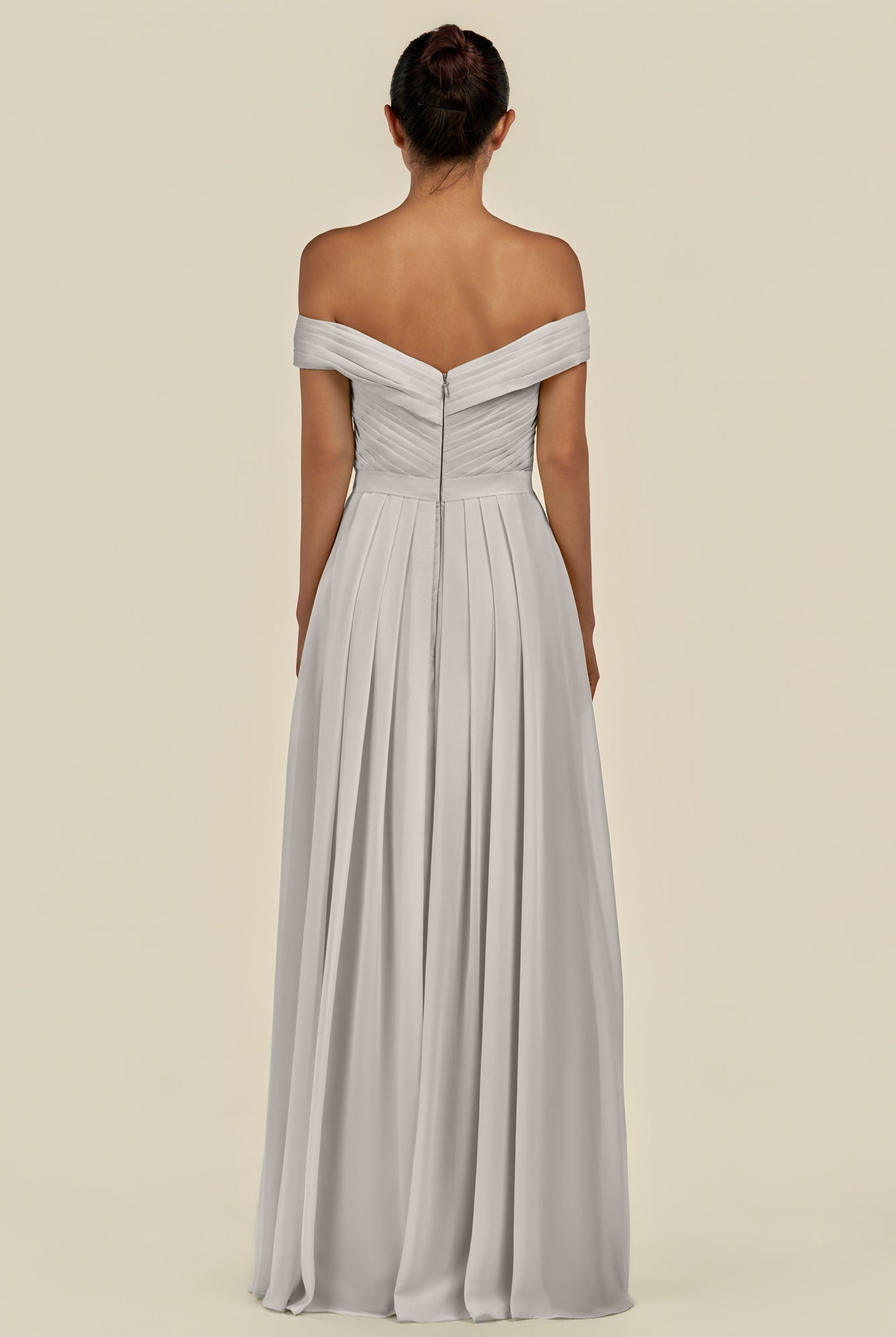 KissDress-Lurina Silver A Line Chiffon Off the Shoulder Pleated Long Bridesmaid Dress with Slit