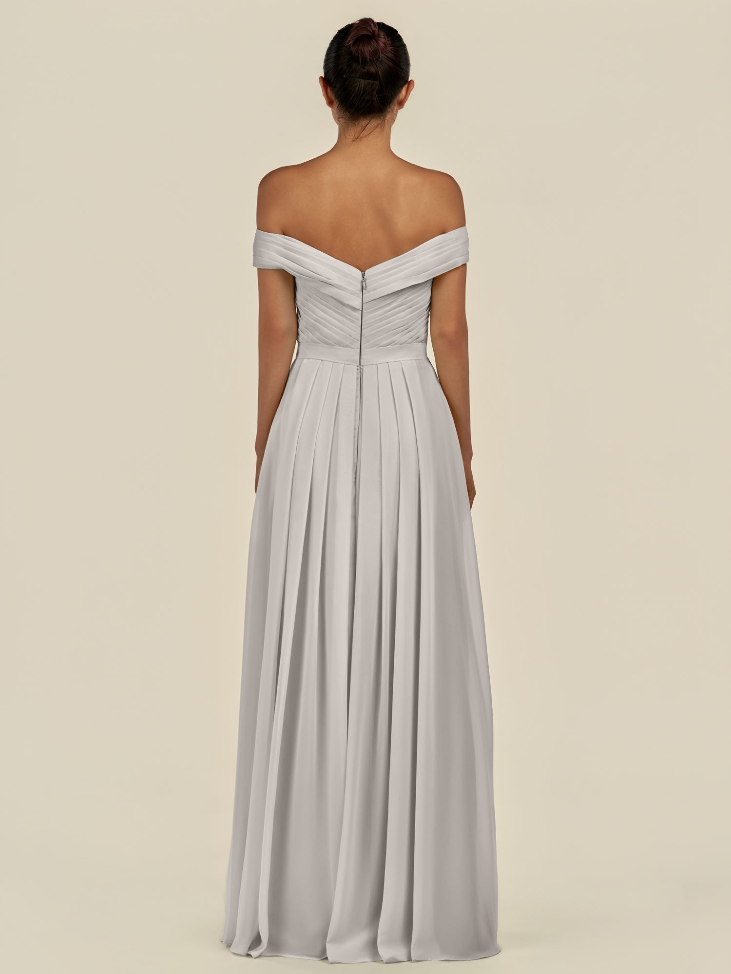KissDress-Lurina Silver A Line Chiffon Off the Shoulder Pleated Long Bridesmaid Dress with Slit