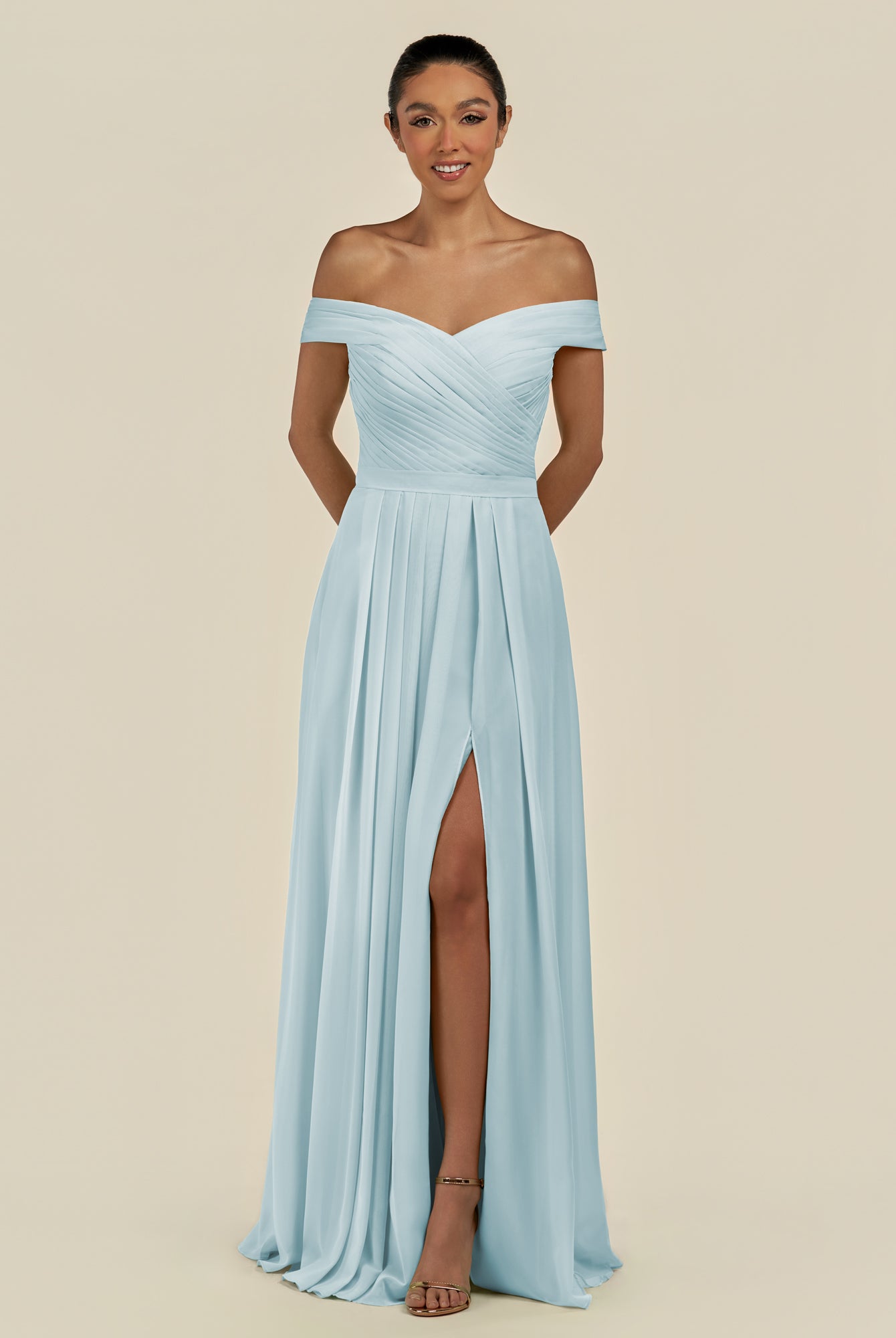 KissDress-Lurina Sky Blue A Line Chiffon Off the Shoulder Pleated Long Bridesmaid Dress with Slit