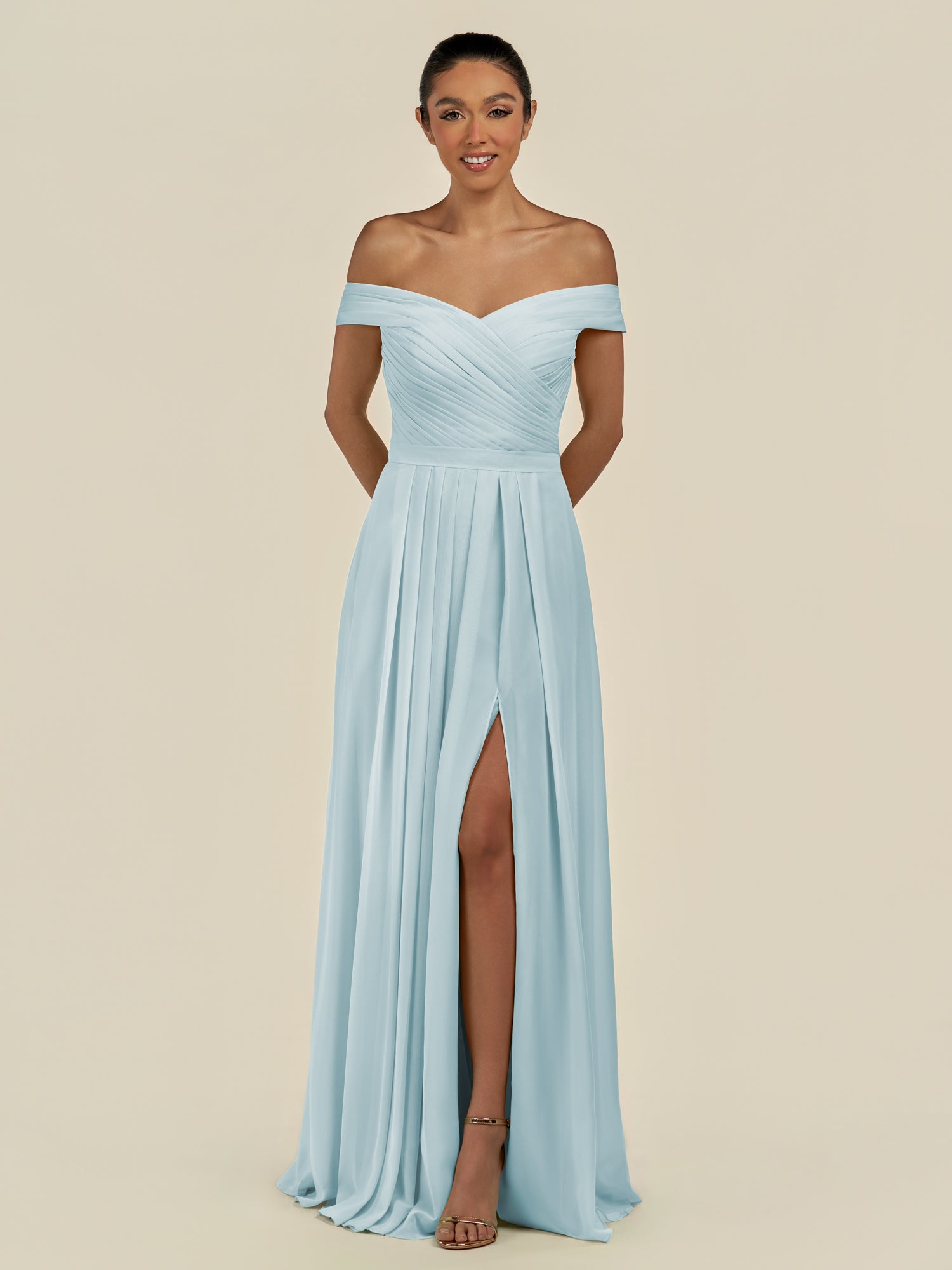 KissDress-Lurina Sky Blue A Line Chiffon Off the Shoulder Pleated Long Bridesmaid Dress with Slit