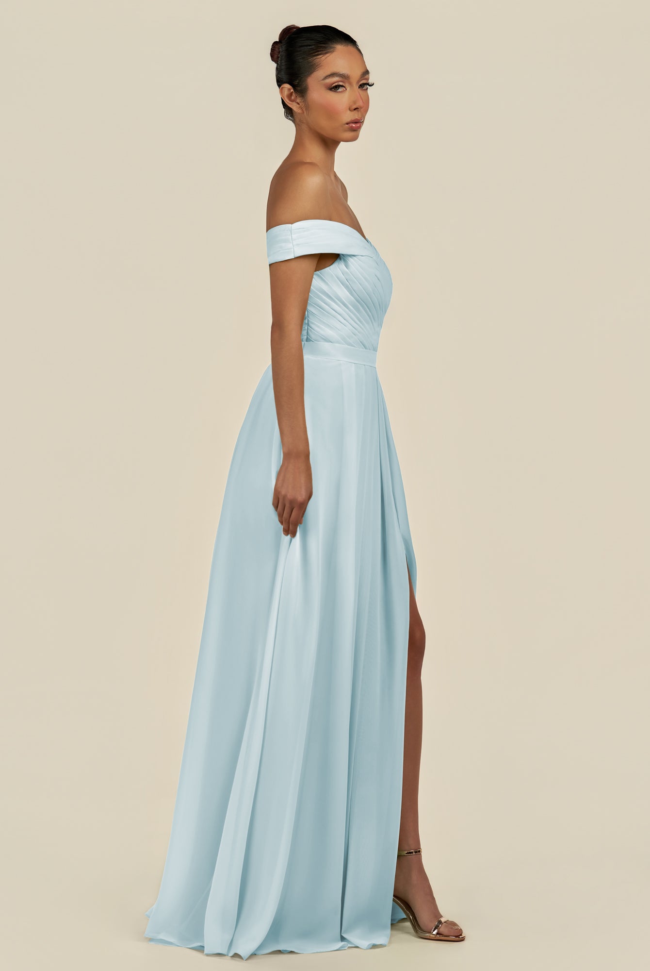 KissDress-Lurina Sky Blue A Line Chiffon Off the Shoulder Pleated Long Bridesmaid Dress with Slit