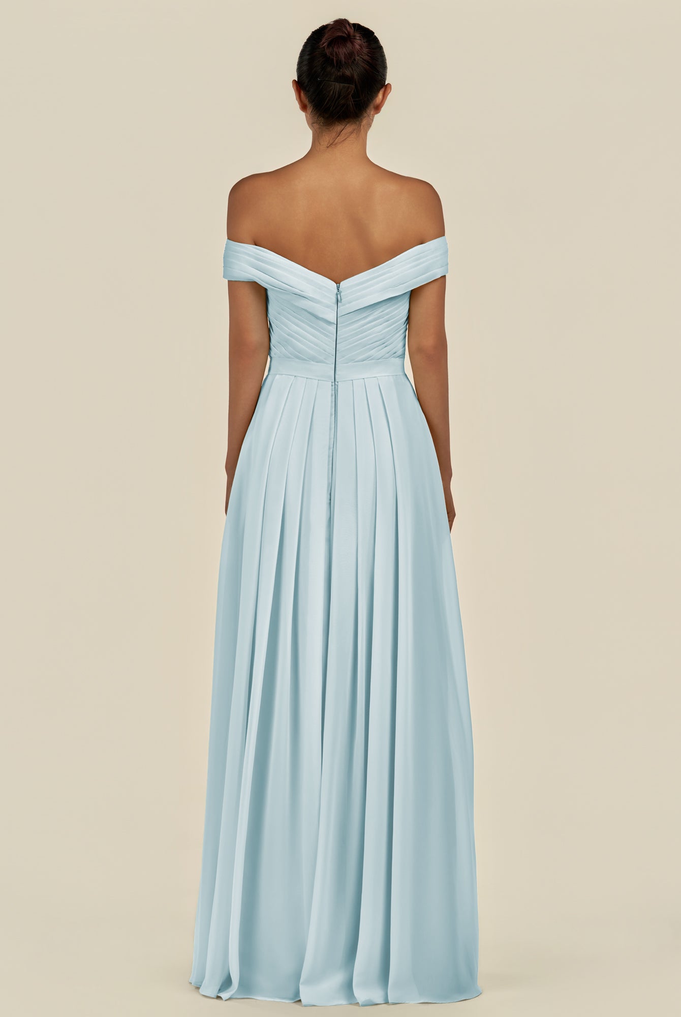 KissDress-Lurina Sky Blue A Line Chiffon Off the Shoulder Pleated Long Bridesmaid Dress with Slit
