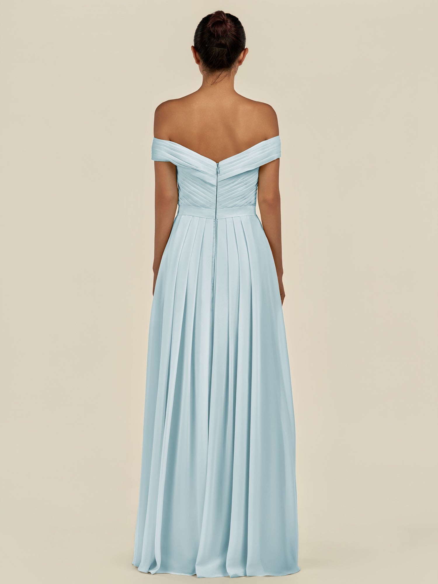 KissDress-Lurina Sky Blue A Line Chiffon Off the Shoulder Pleated Long Bridesmaid Dress with Slit