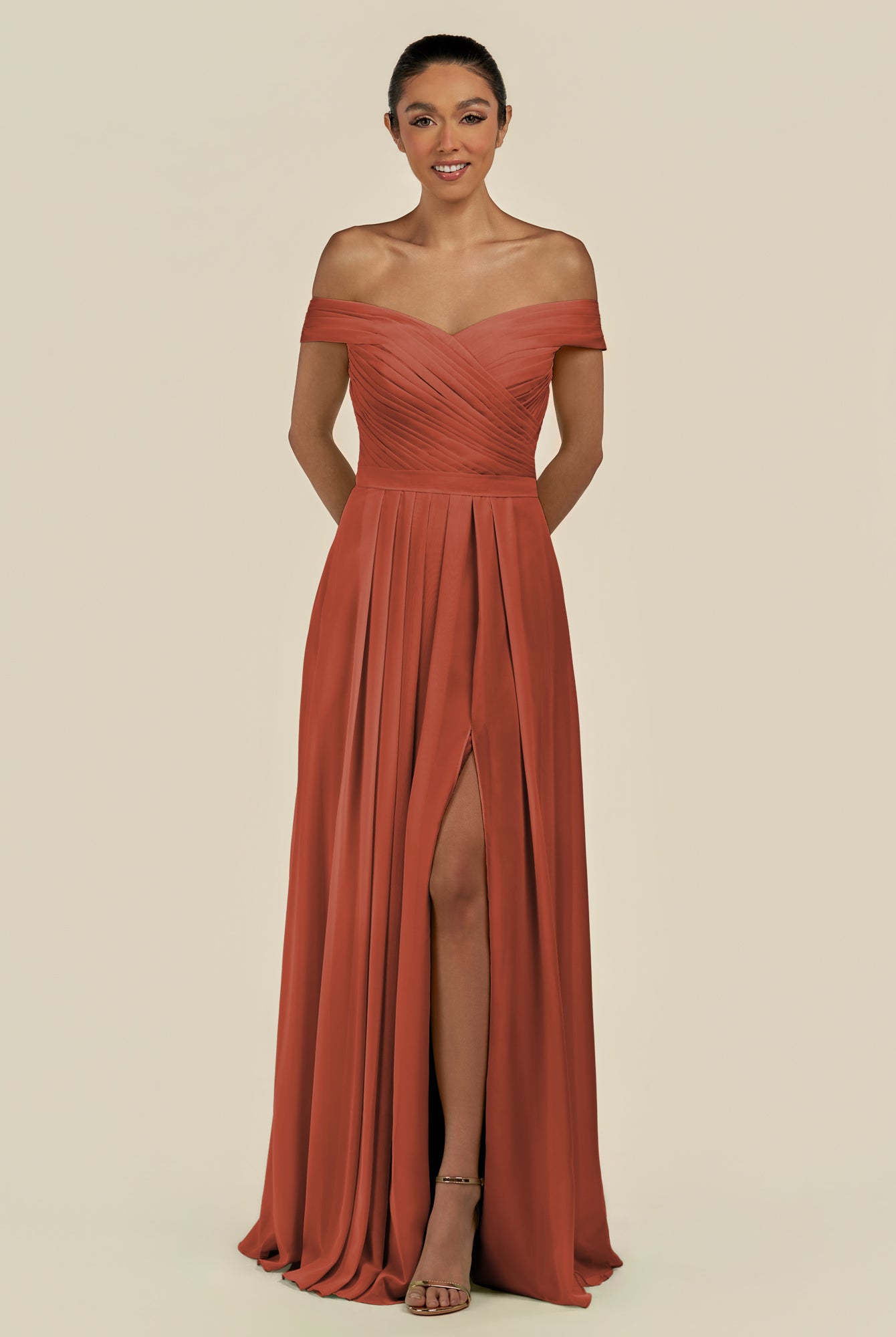 KissDress-Lurina Spice A Line Chiffon Off the Shoulder Pleated Long Bridesmaid Dress with Slit