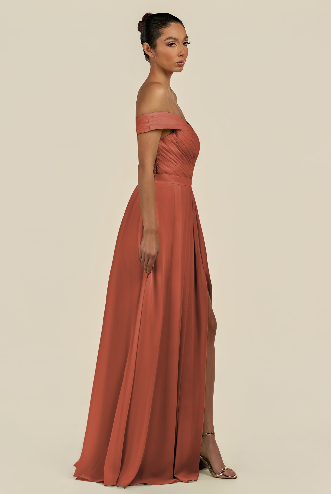 KissDress-Lurina Spice A Line Chiffon Off the Shoulder Pleated Long Bridesmaid Dress with Slit