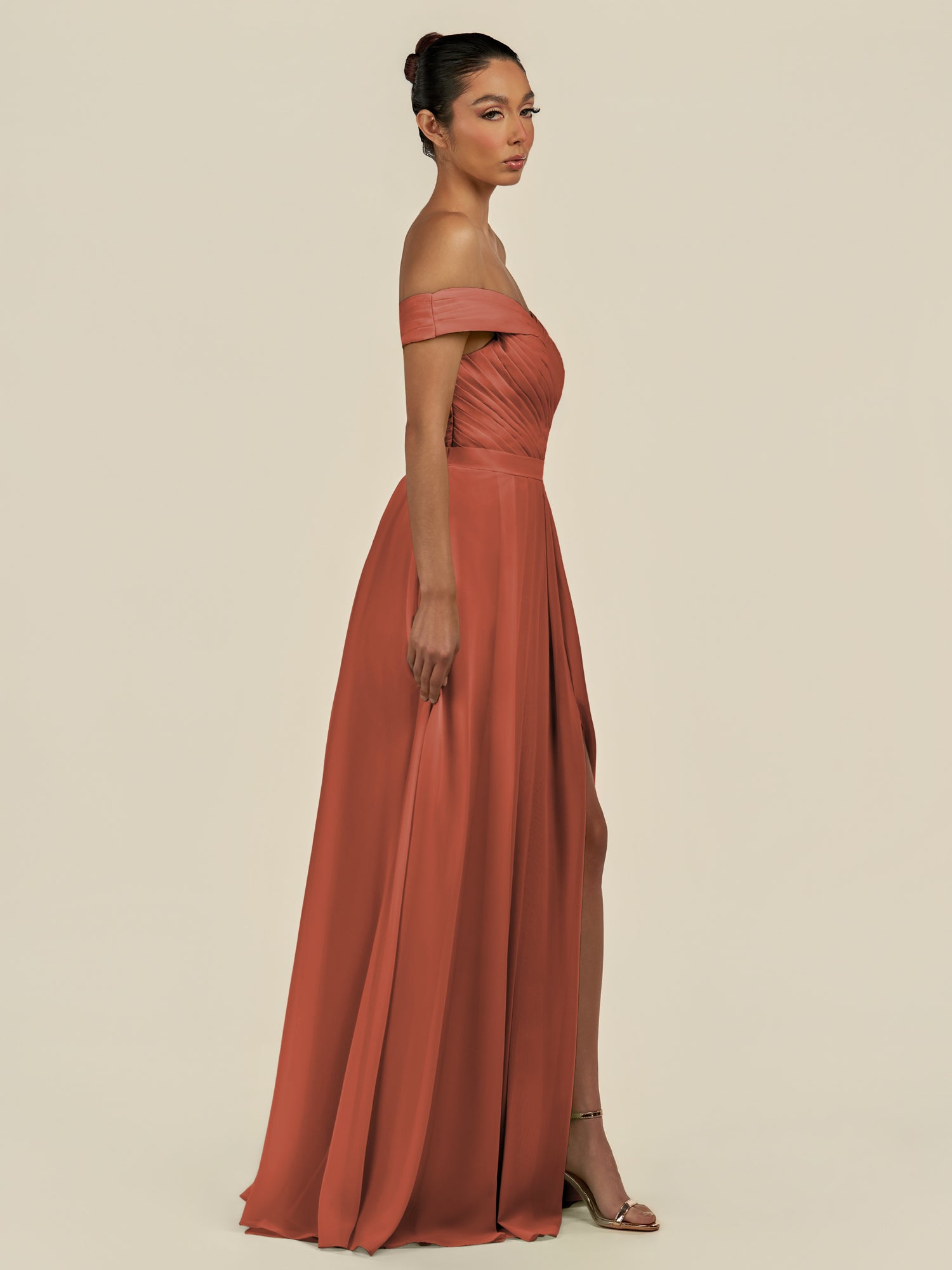 KissDress-Lurina Spice A Line Chiffon Off the Shoulder Pleated Long Bridesmaid Dress with Slit