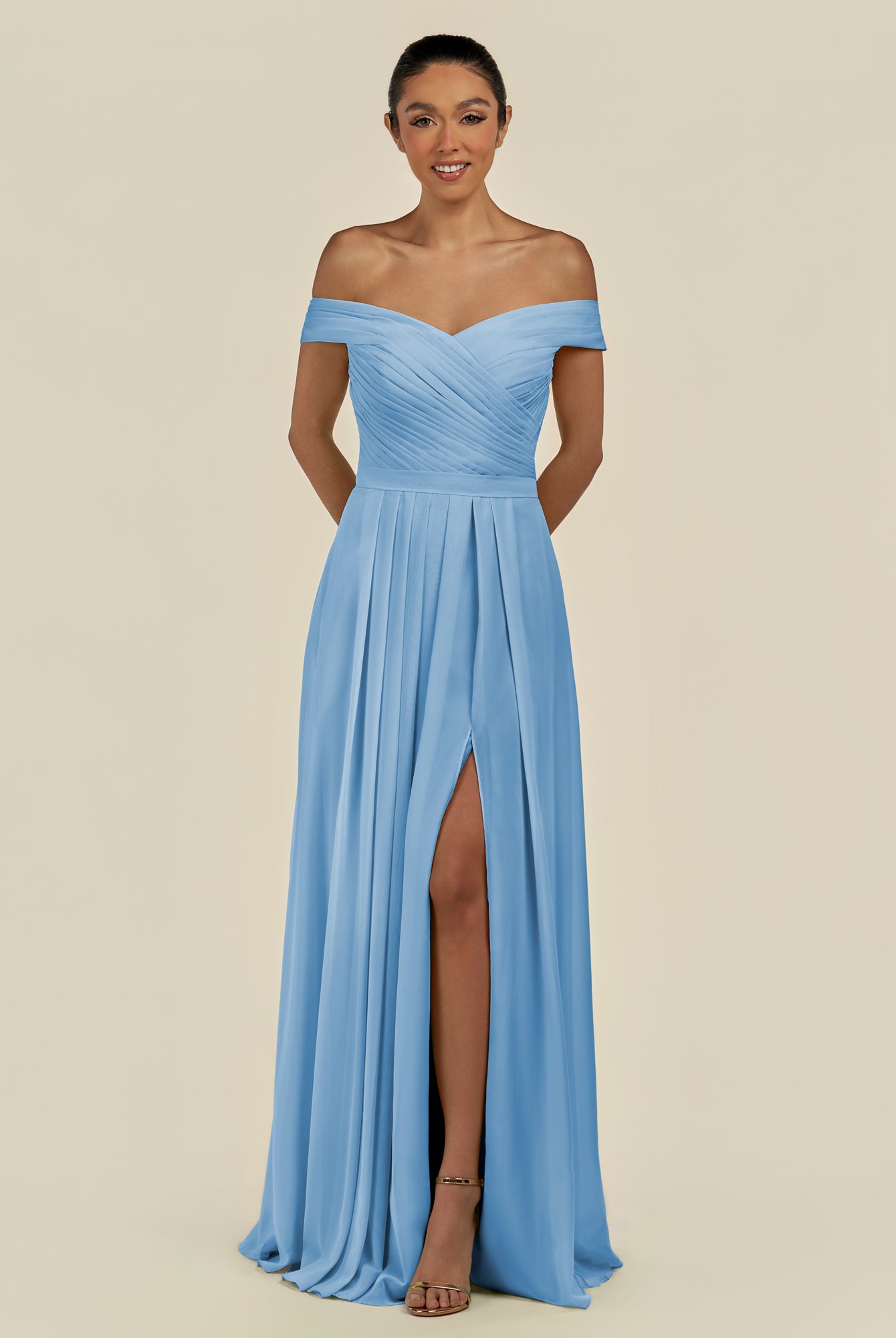 KissDress-Lurina Steel Blue A Line Chiffon Off the Shoulder Pleated Long Bridesmaid Dress with Slit