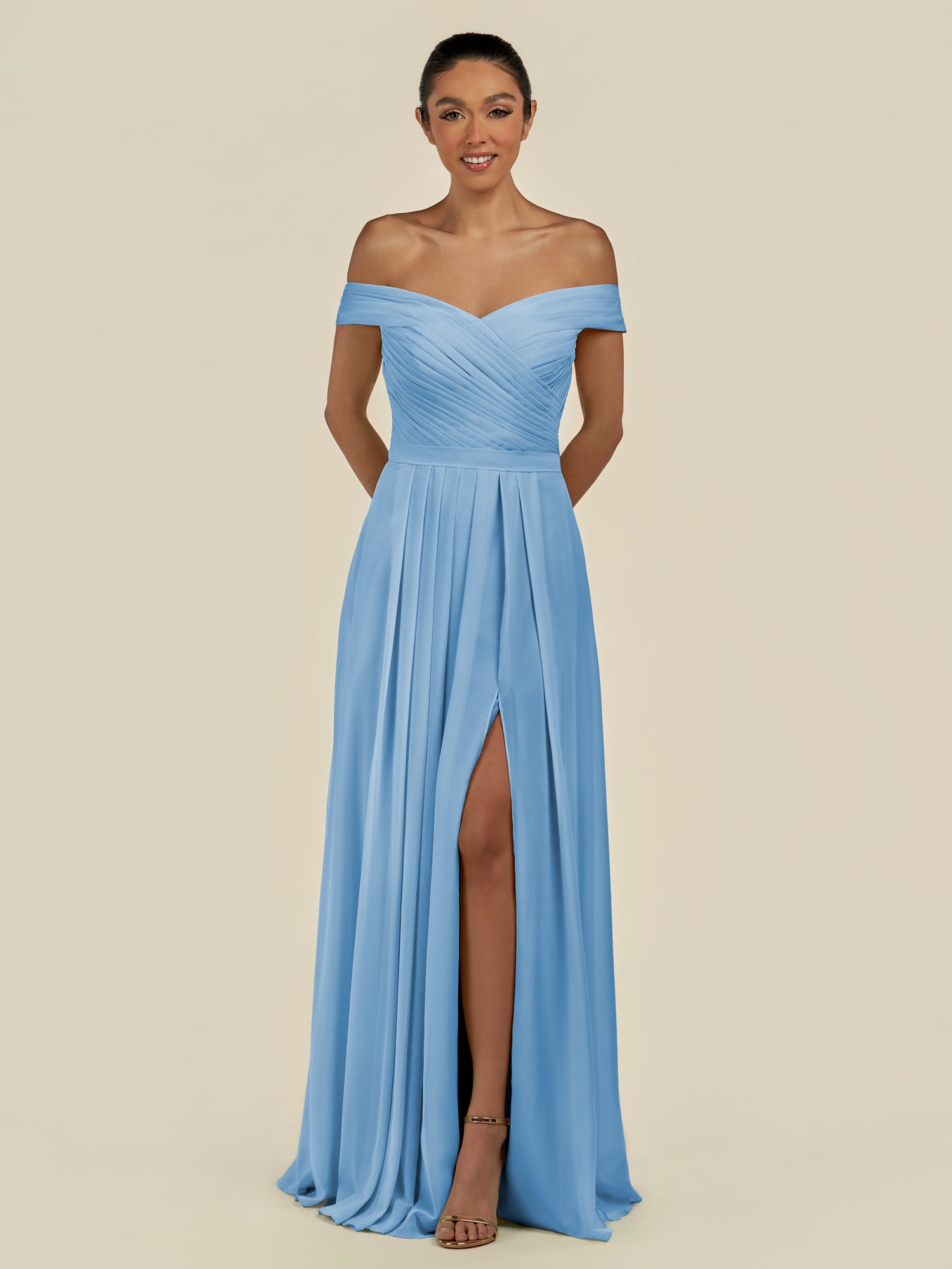 KissDress-Lurina Steel Blue A Line Chiffon Off the Shoulder Pleated Long Bridesmaid Dress with Slit