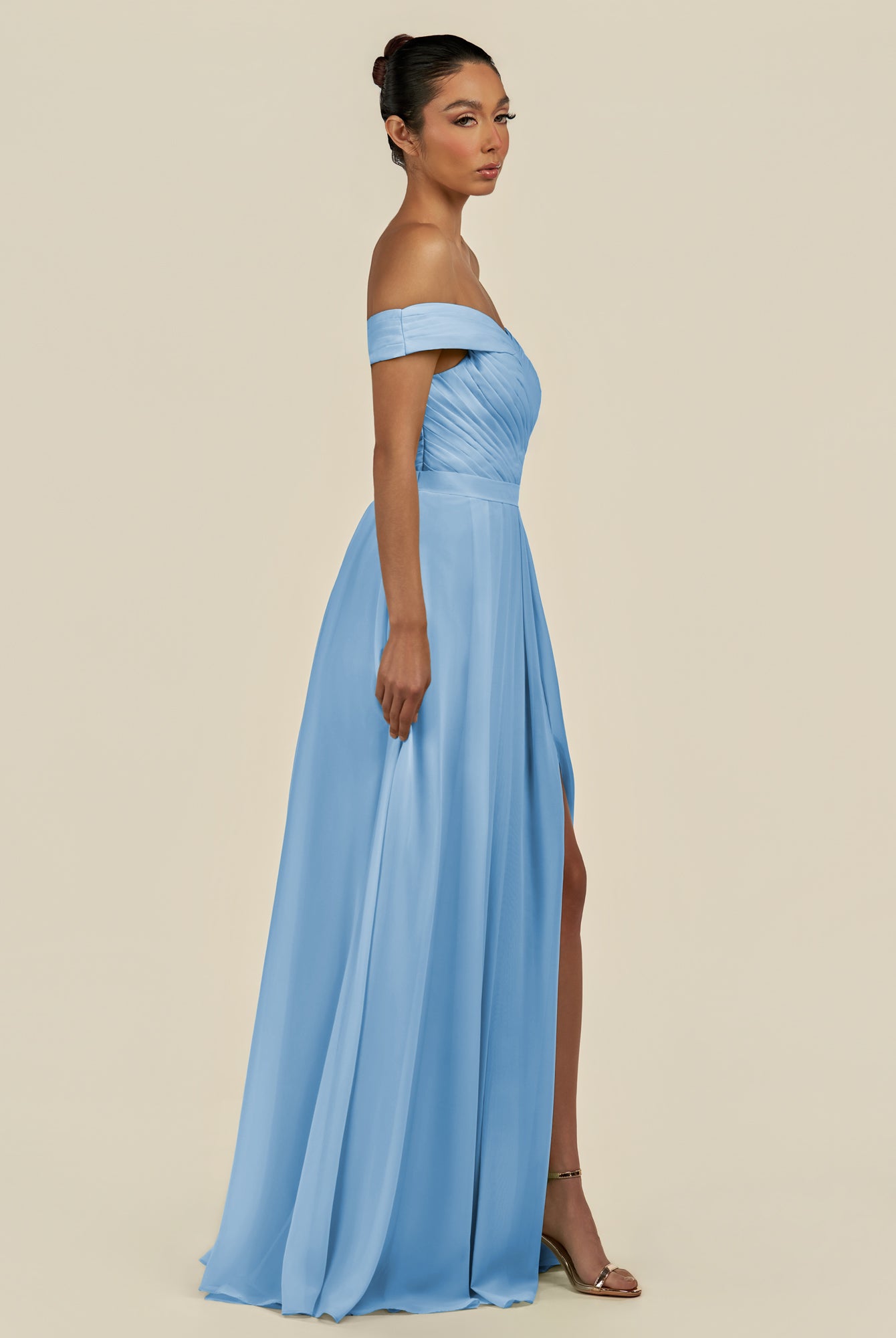 KissDress-Lurina Steel Blue A Line Chiffon Off the Shoulder Pleated Long Bridesmaid Dress with Slit