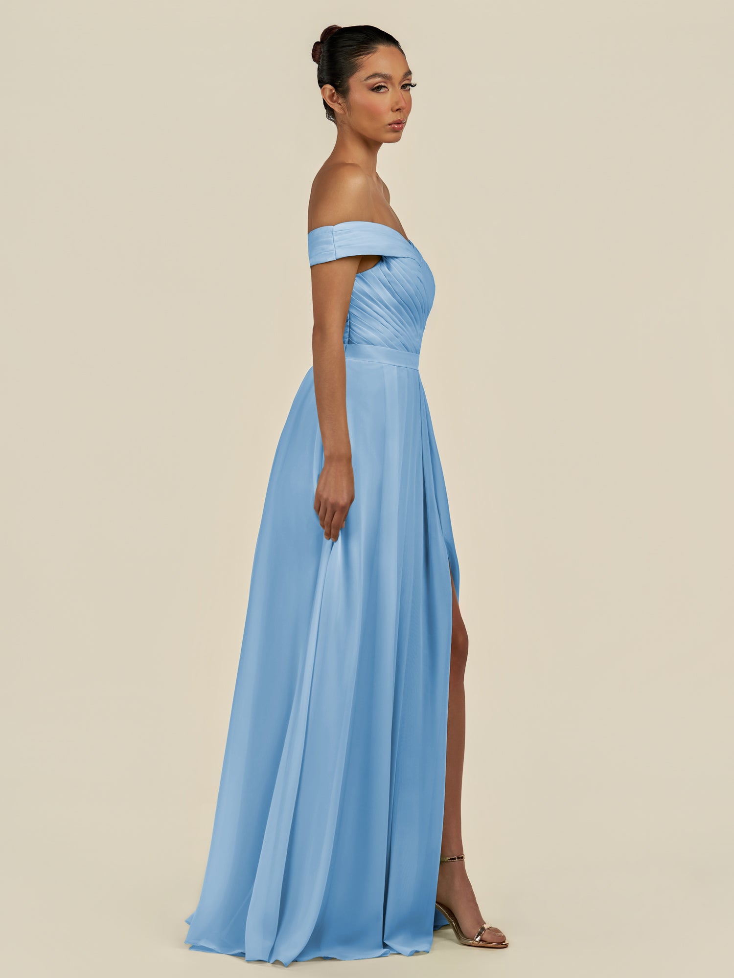 KissDress-Lurina Steel Blue A Line Chiffon Off the Shoulder Pleated Long Bridesmaid Dress with Slit