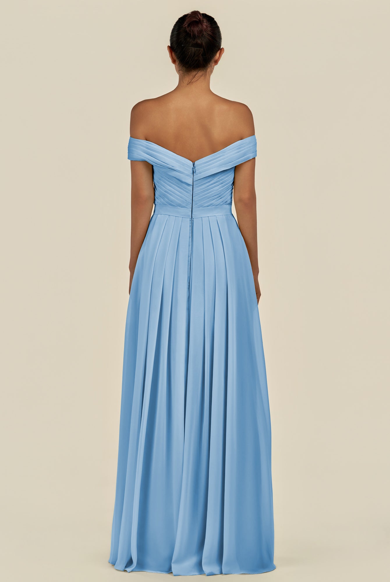 KissDress-Lurina Steel Blue A Line Chiffon Off the Shoulder Pleated Long Bridesmaid Dress with Slit
