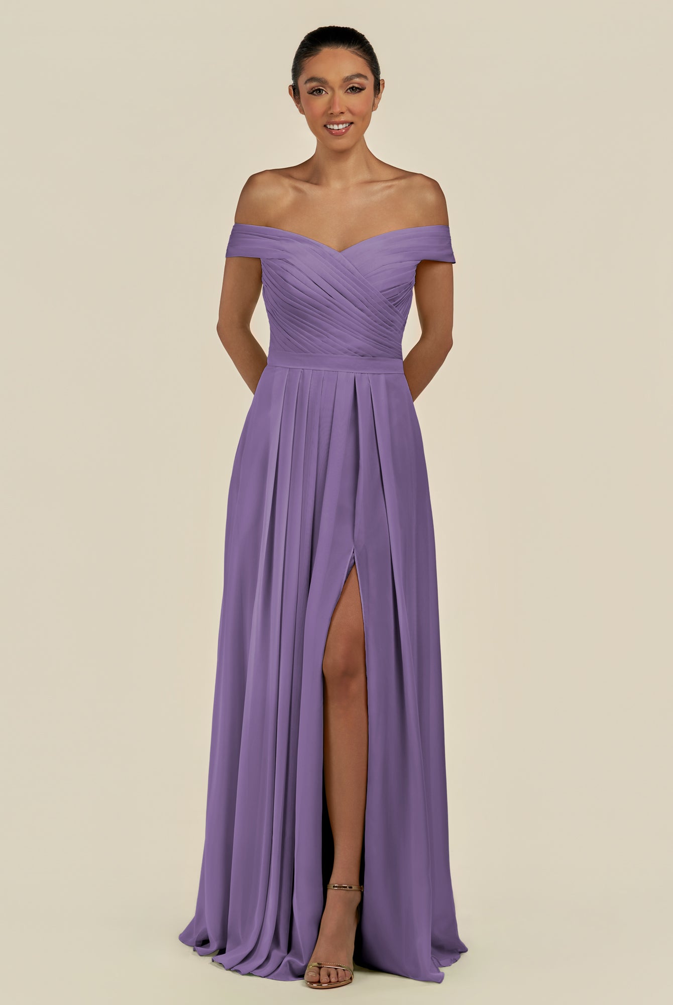 KissDress-Lurina Tahiti A Line Chiffon Off the Shoulder Pleated Long Bridesmaid Dress with Slit