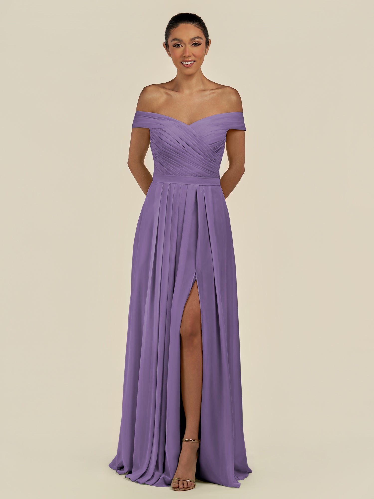 KissDress-Lurina Tahiti A Line Chiffon Off the Shoulder Pleated Long Bridesmaid Dress with Slit