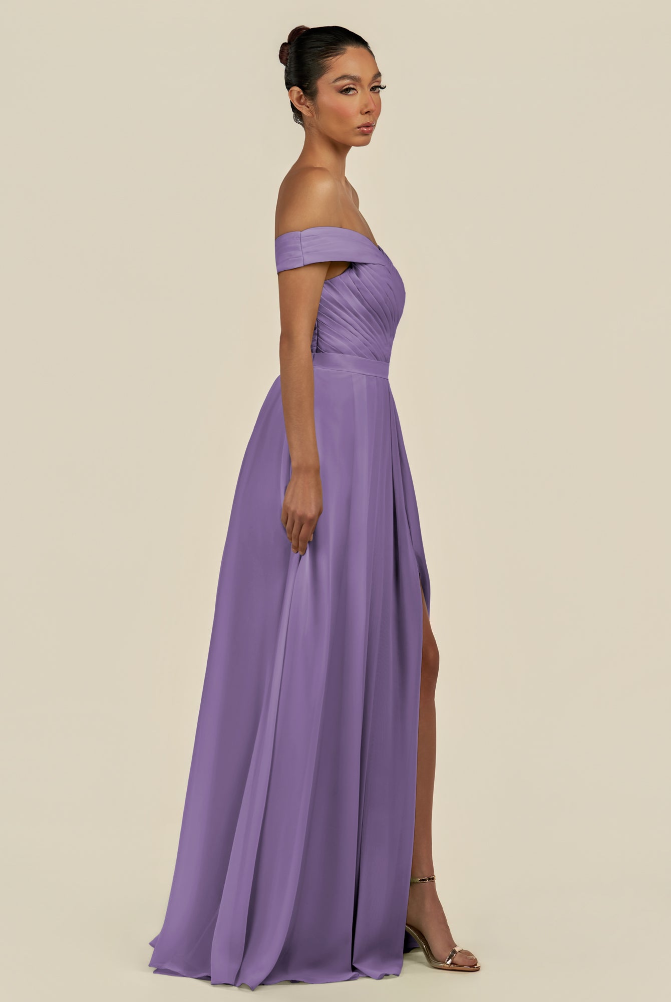 KissDress-Lurina Tahiti A Line Chiffon Off the Shoulder Pleated Long Bridesmaid Dress with Slit