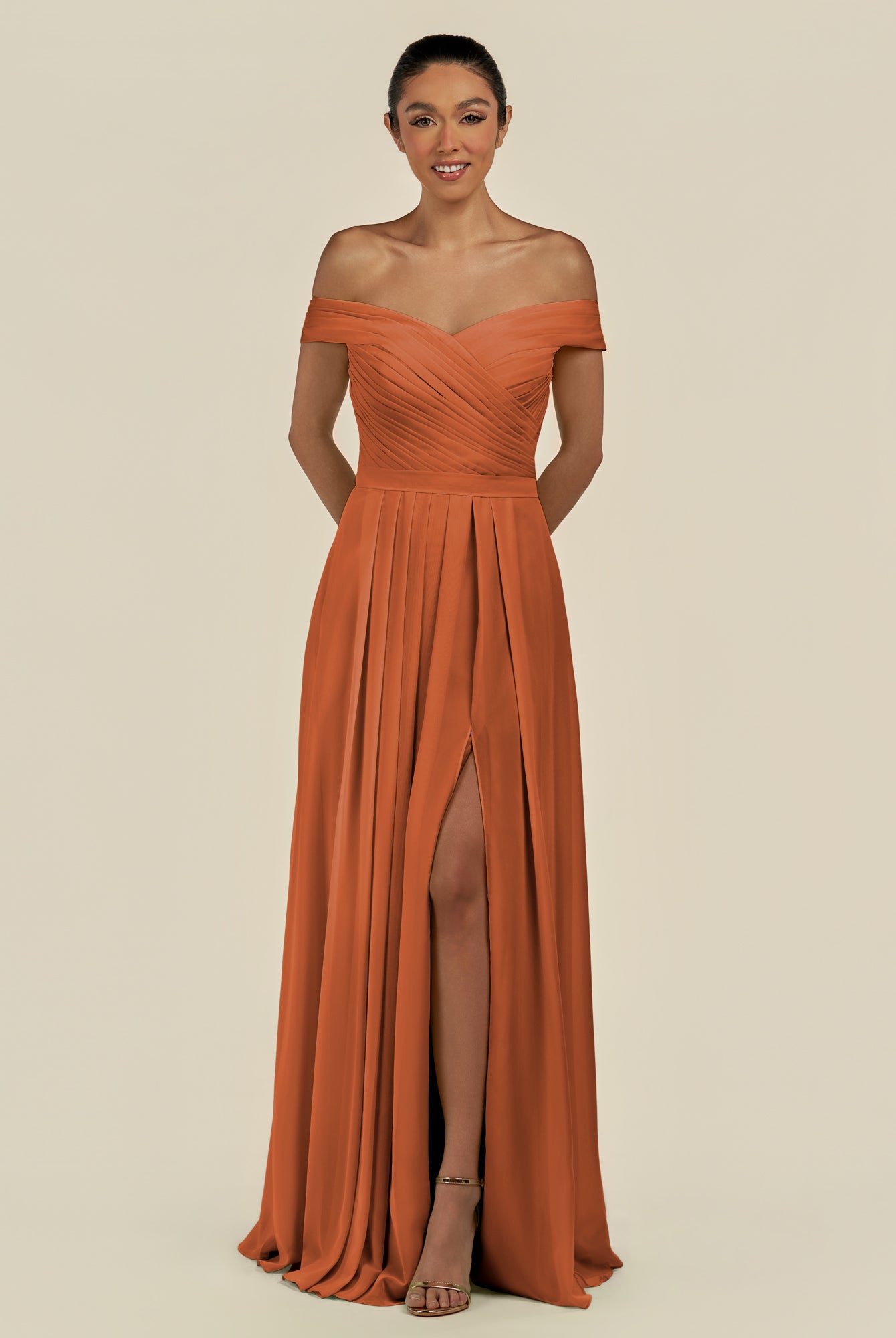 KissDress-Lurina Terracotta A Line Chiffon Off the Shoulder Pleated Long Bridesmaid Dress with Slit