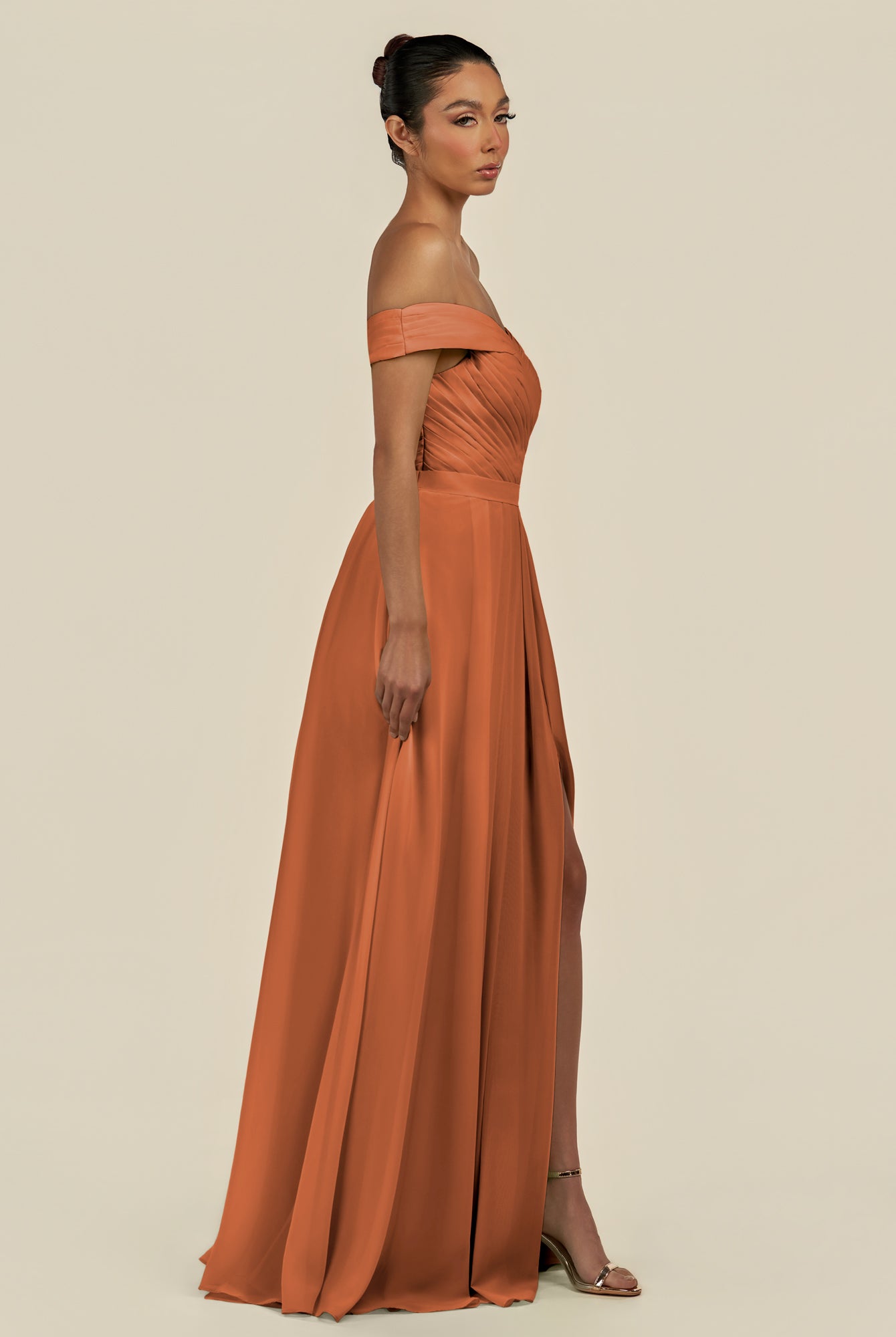 KissDress-Lurina Terracotta A Line Chiffon Off the Shoulder Pleated Long Bridesmaid Dress with Slit