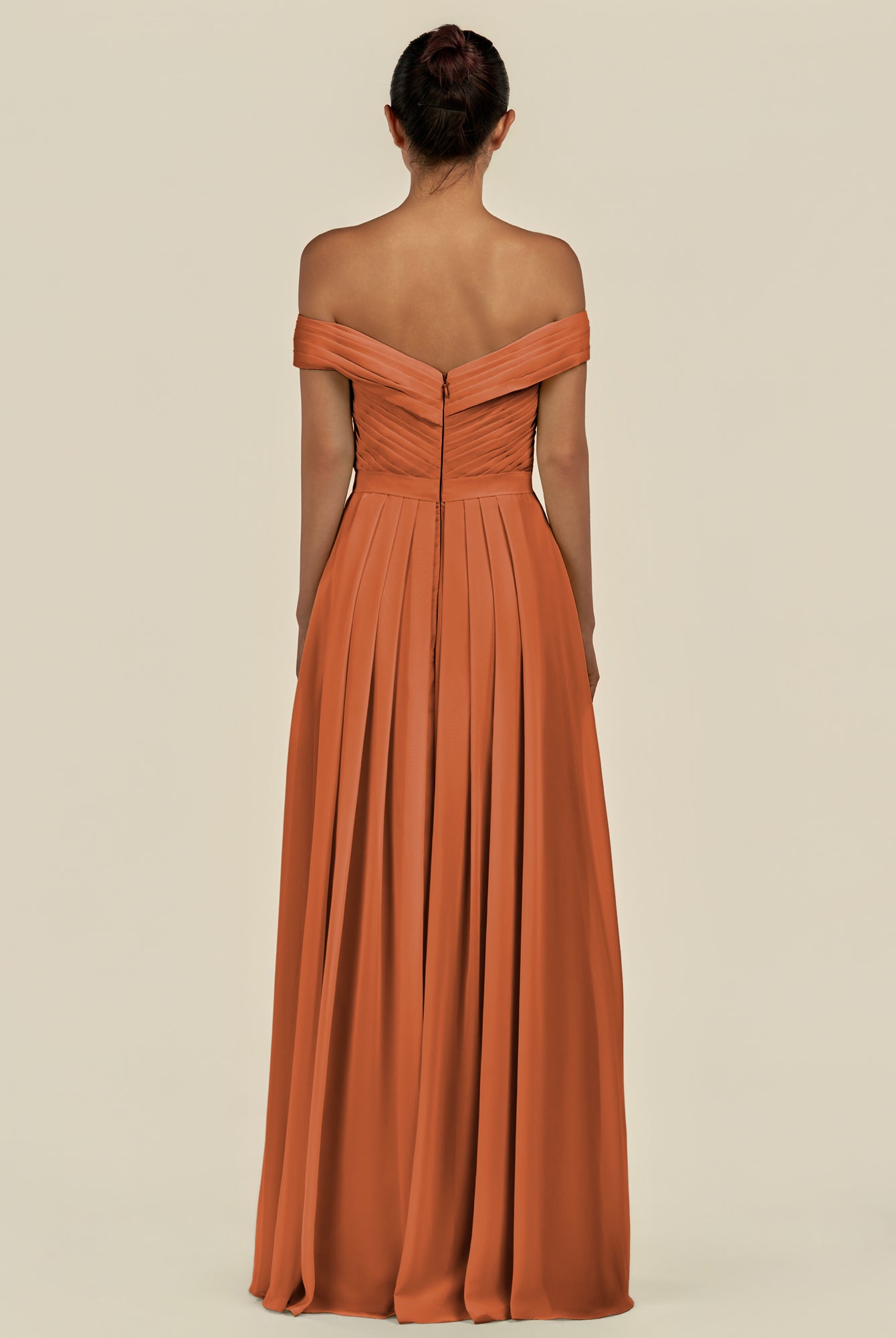 KissDress-Lurina Terracotta A Line Chiffon Off the Shoulder Pleated Long Bridesmaid Dress with Slit