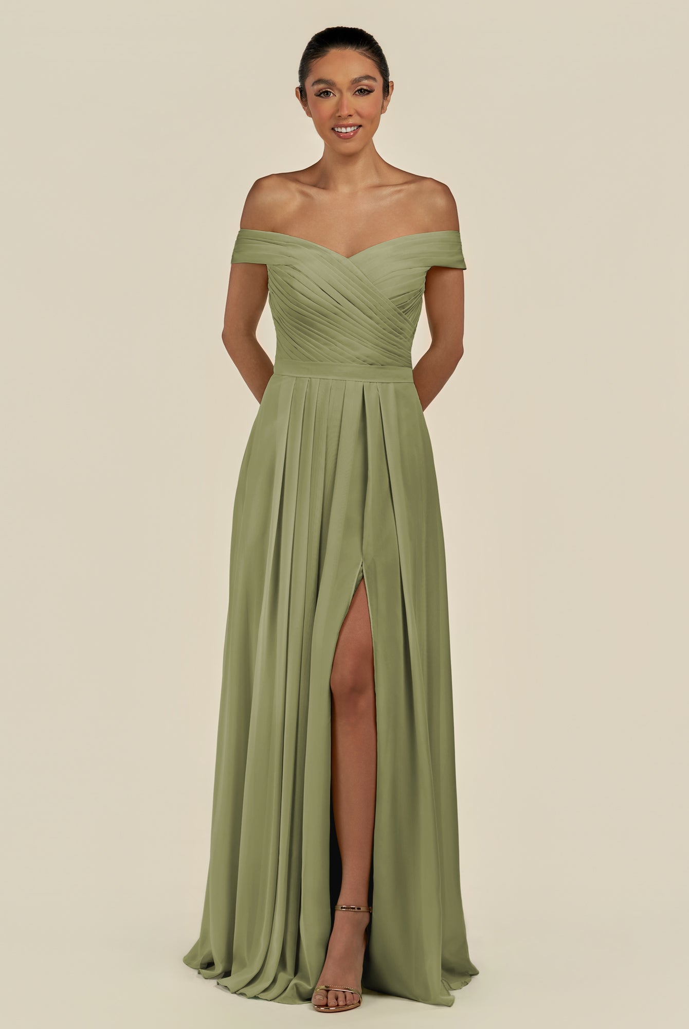 KissDress-Lurina Thyme A Line Chiffon Off the Shoulder Pleated Long Bridesmaid Dress with Slit