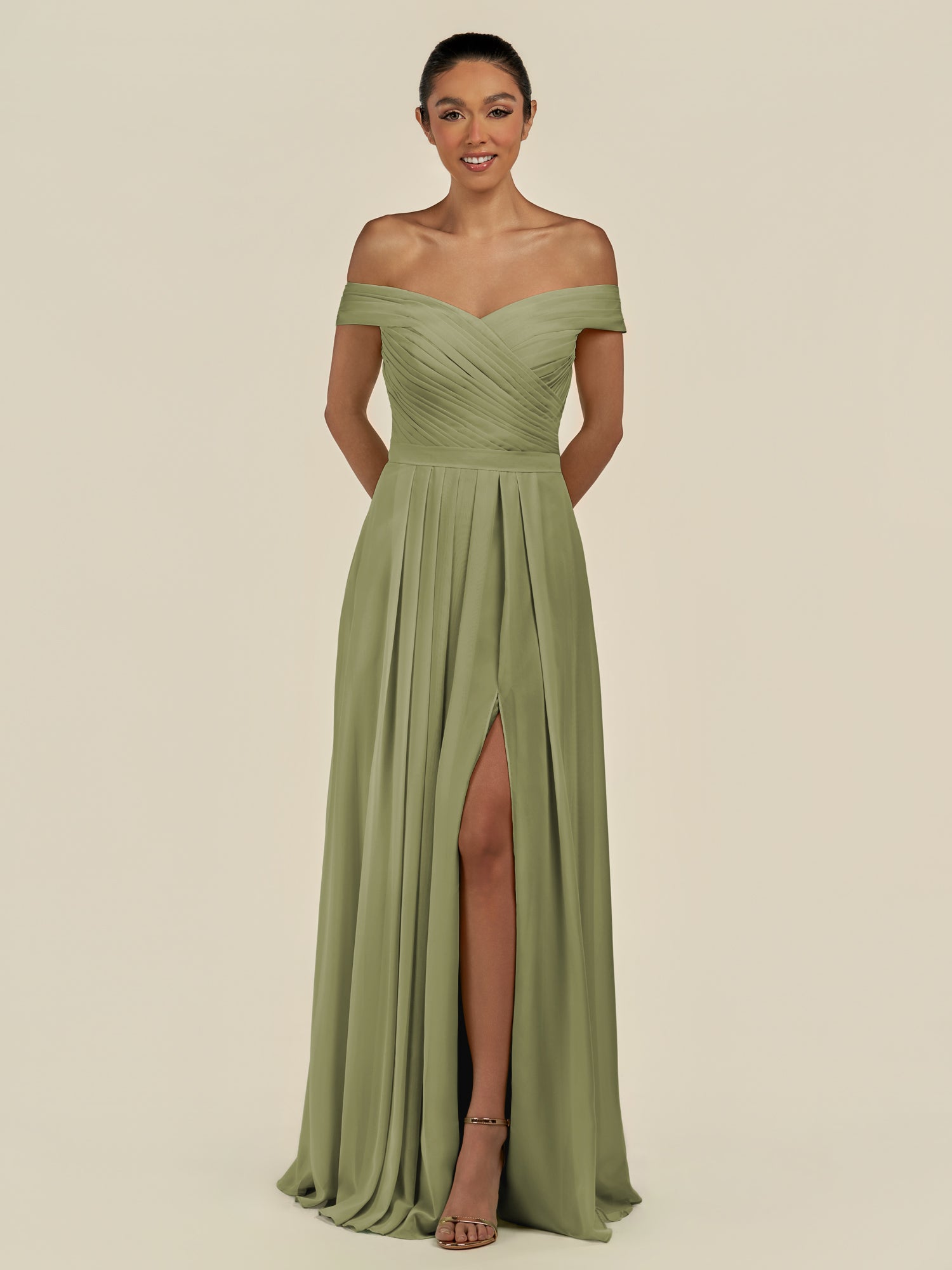 KissDress-Lurina Thyme A Line Chiffon Off the Shoulder Pleated Long Bridesmaid Dress with Slit