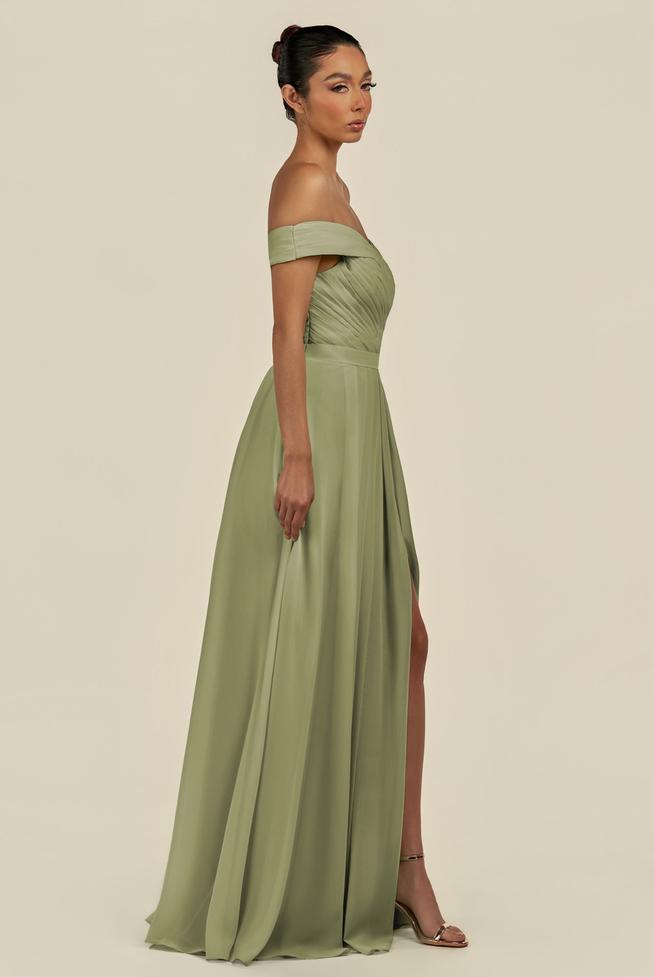 KissDress-Lurina Thyme A Line Chiffon Off the Shoulder Pleated Long Bridesmaid Dress with Slit