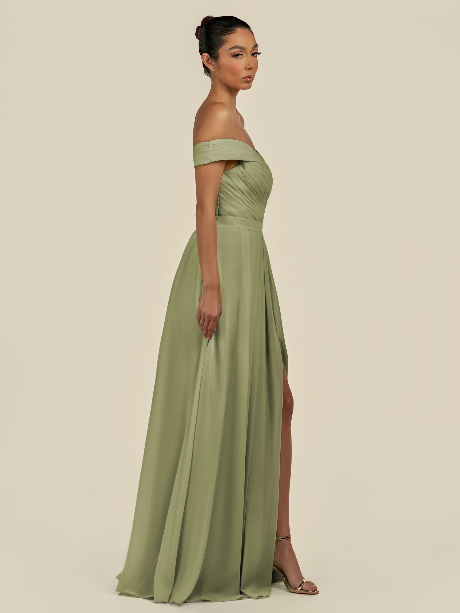 KissDress-Lurina Thyme A Line Chiffon Off the Shoulder Pleated Long Bridesmaid Dress with Slit