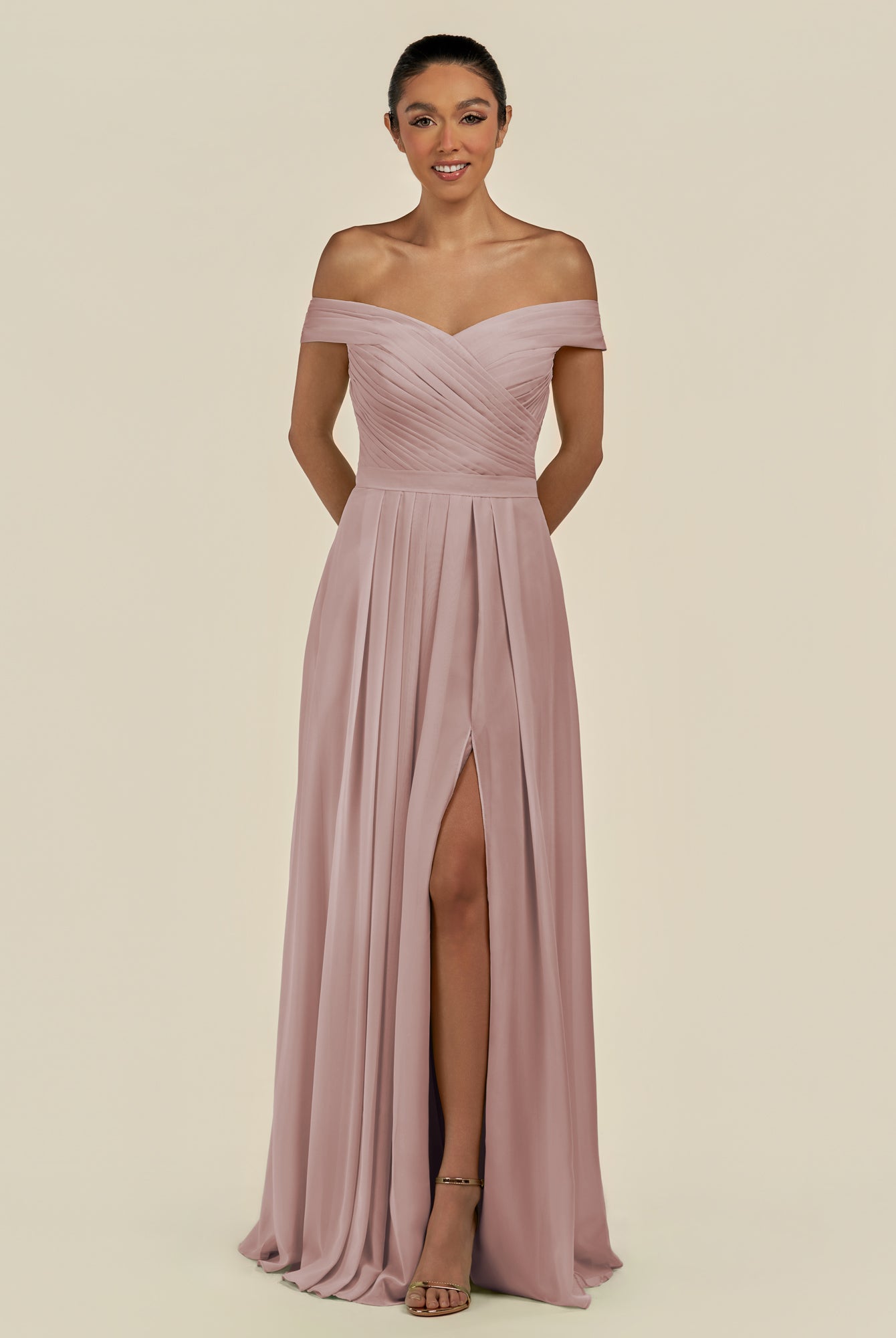 KissDress-Lurina Toffee A Line Chiffon Off the Shoulder Pleated Long Bridesmaid Dress with Slit