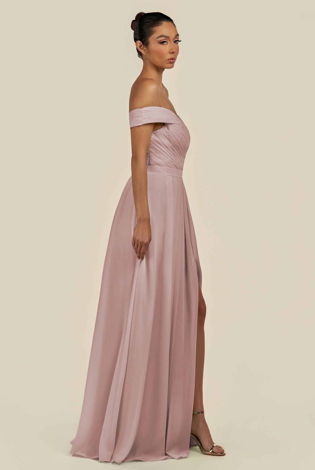 KissDress-Lurina Toffee A Line Chiffon Off the Shoulder Pleated Long Bridesmaid Dress with Slit