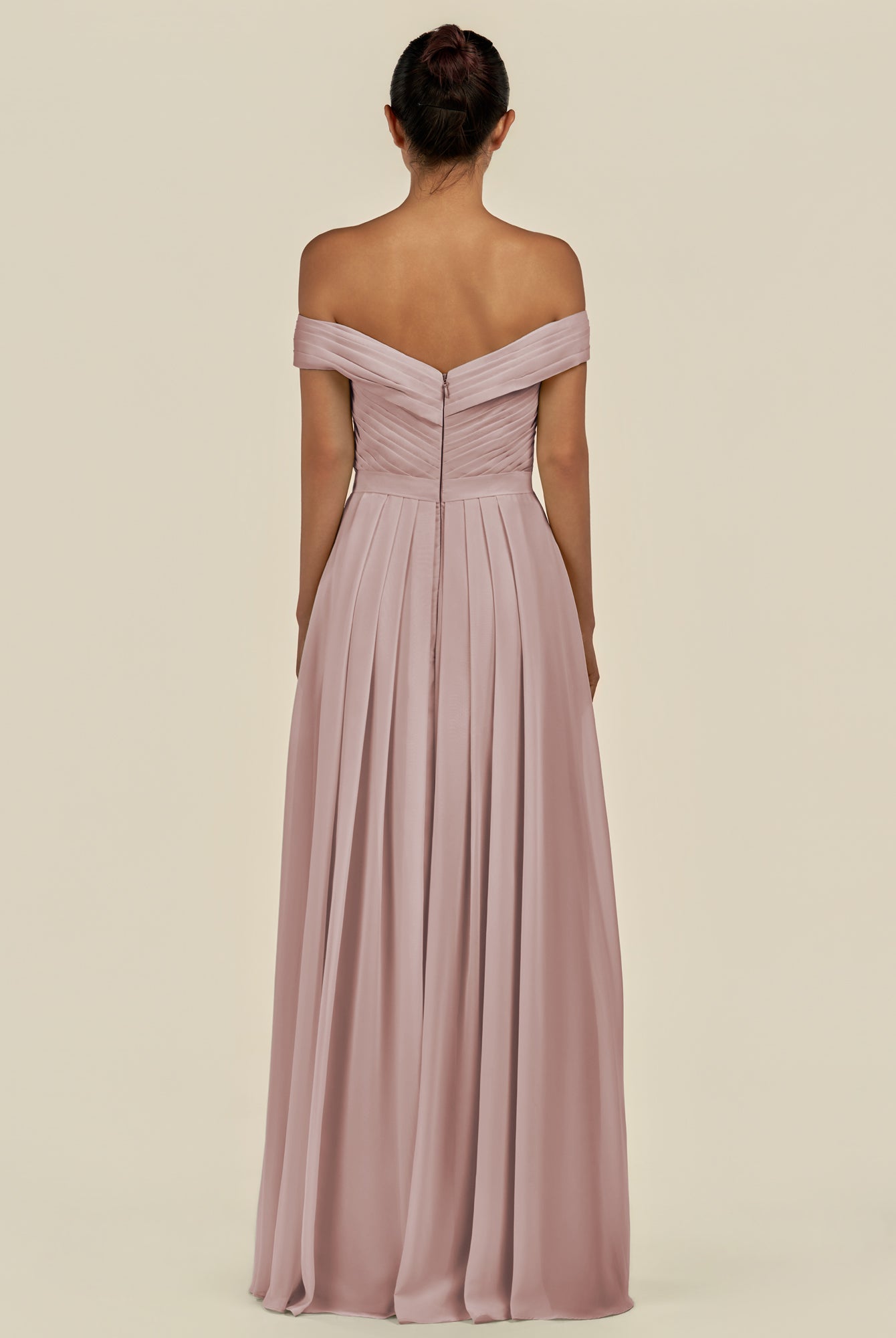 KissDress-Lurina Toffee A Line Chiffon Off the Shoulder Pleated Long Bridesmaid Dress with Slit