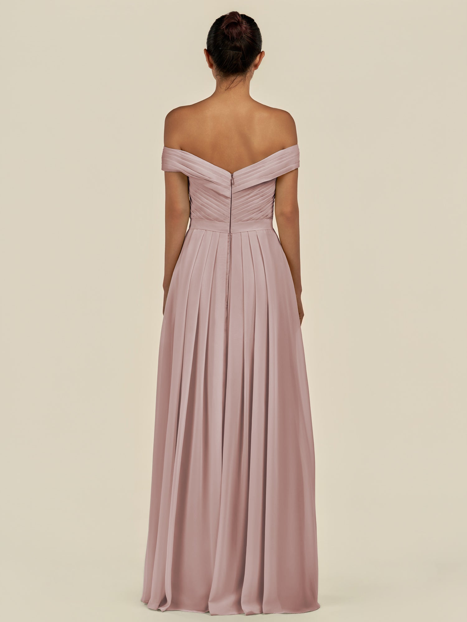 KissDress-Lurina Toffee A Line Chiffon Off the Shoulder Pleated Long Bridesmaid Dress with Slit