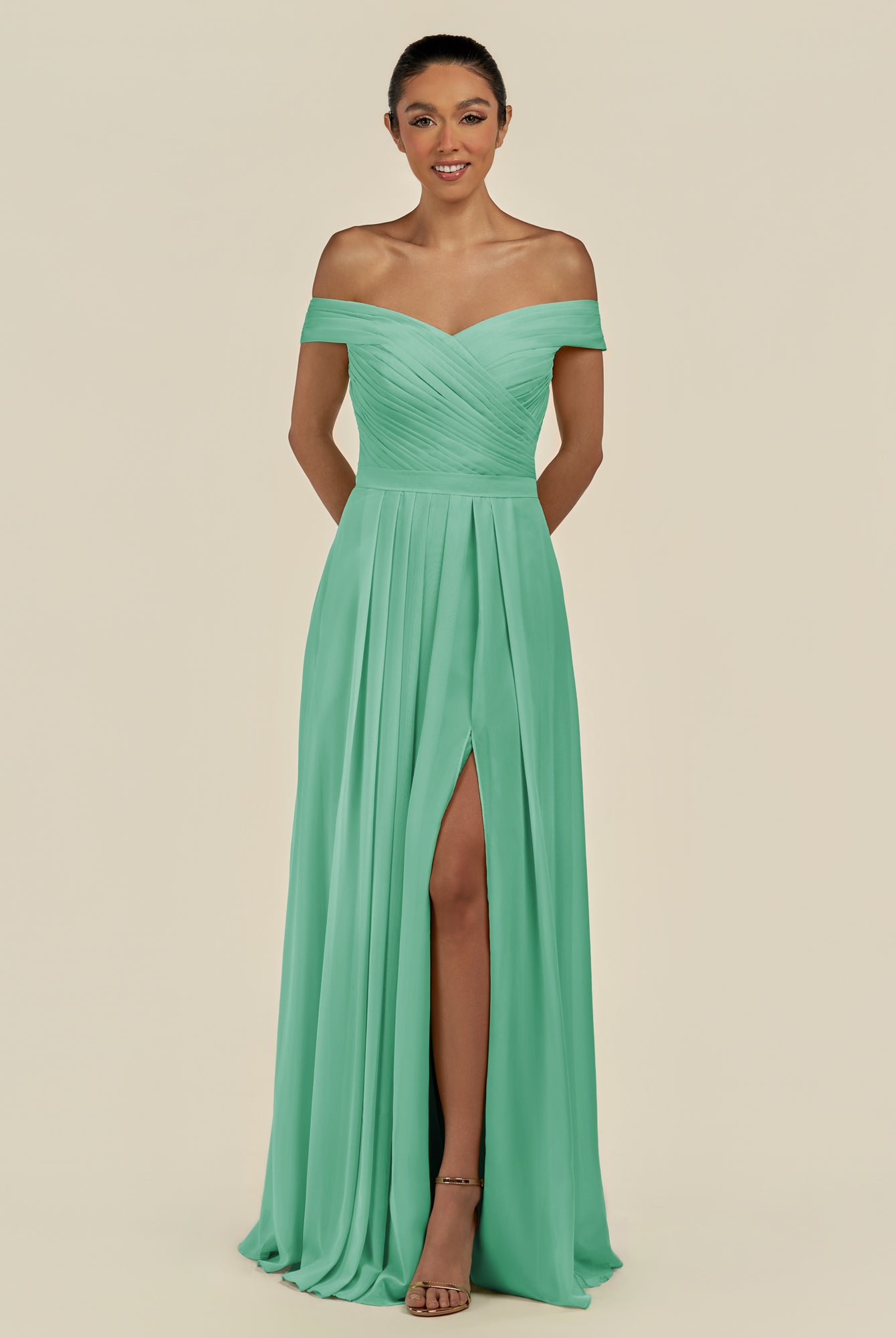 KissDress-Lurina Turquoise A Line Chiffon Off the Shoulder Pleated Long Bridesmaid Dress with Slit