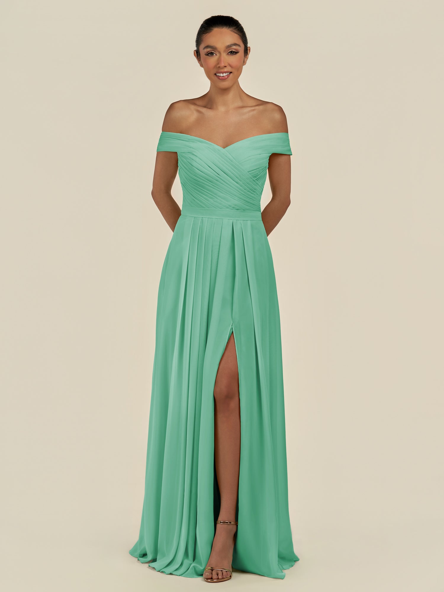 KissDress-Lurina Turquoise A Line Chiffon Off the Shoulder Pleated Long Bridesmaid Dress with Slit