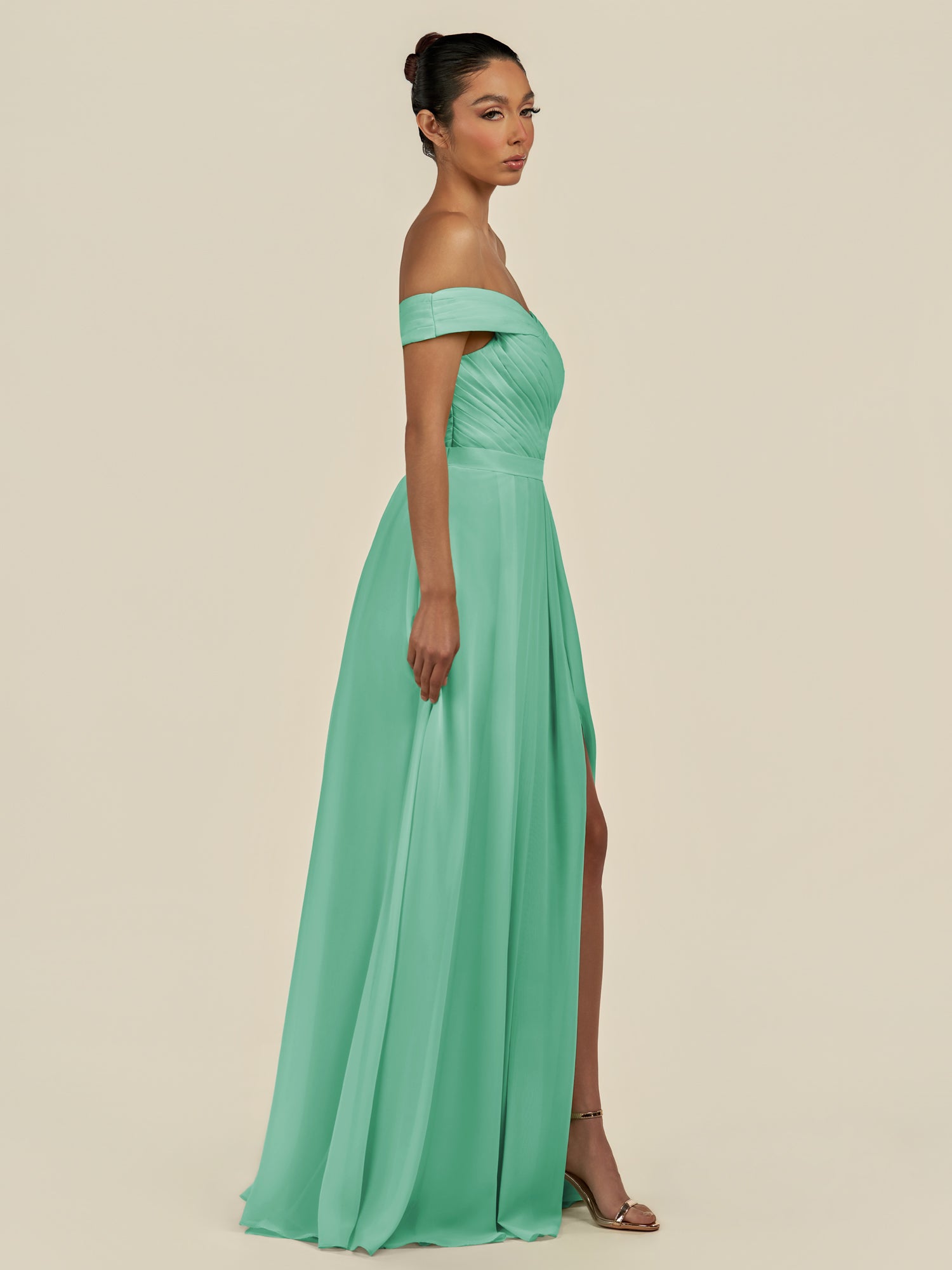 KissDress-Lurina Turquoise A Line Chiffon Off the Shoulder Pleated Long Bridesmaid Dress with Slit