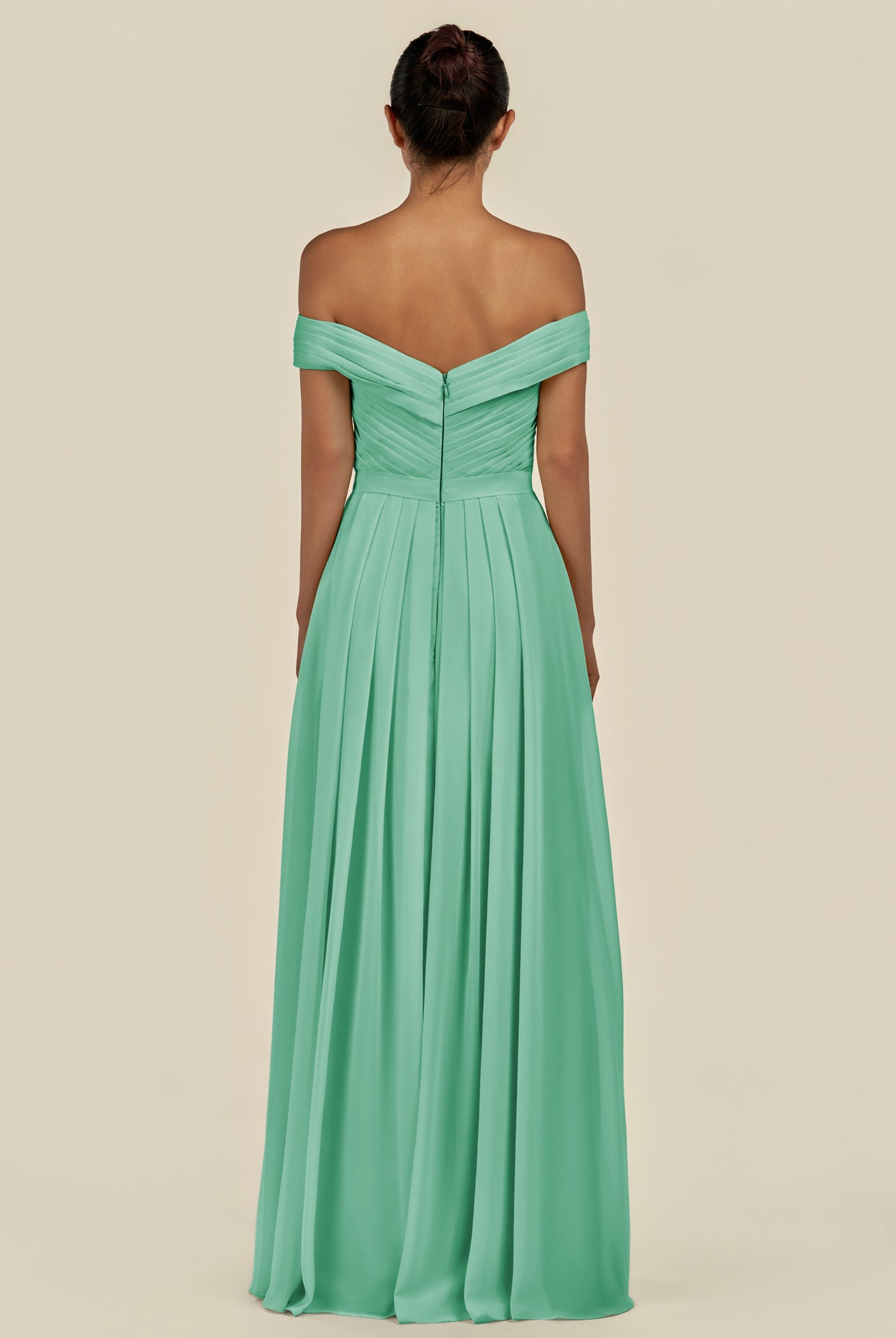 KissDress-Lurina Turquoise A Line Chiffon Off the Shoulder Pleated Long Bridesmaid Dress with Slit
